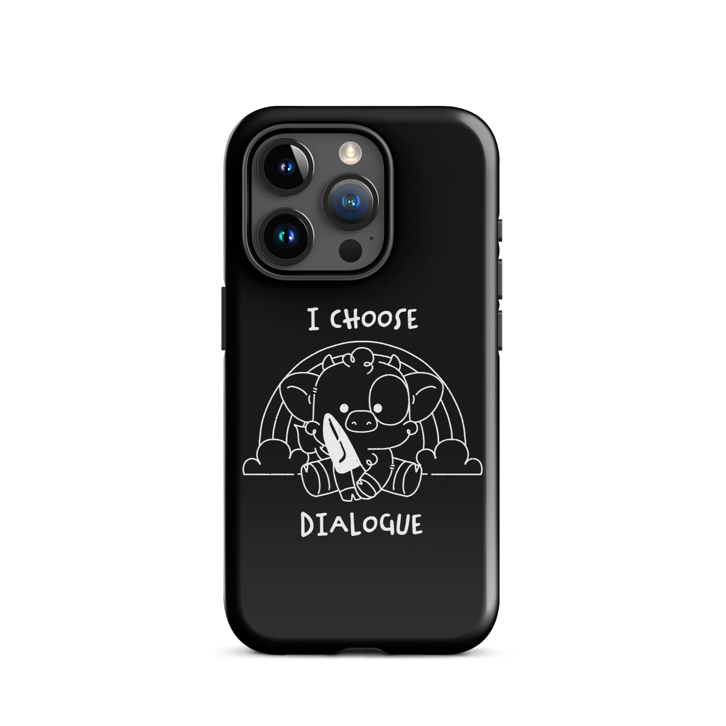 An adorable cow holds a knife while sitting in front of a rainbow, accompanied by the phrase “I Choose Dialogue.” This design combines sweetness and irony to create a fun and unexpected contrast. It’s a great gift for those who enjoy subtle humor and designs that combine cuteness with a touch of irreverence.