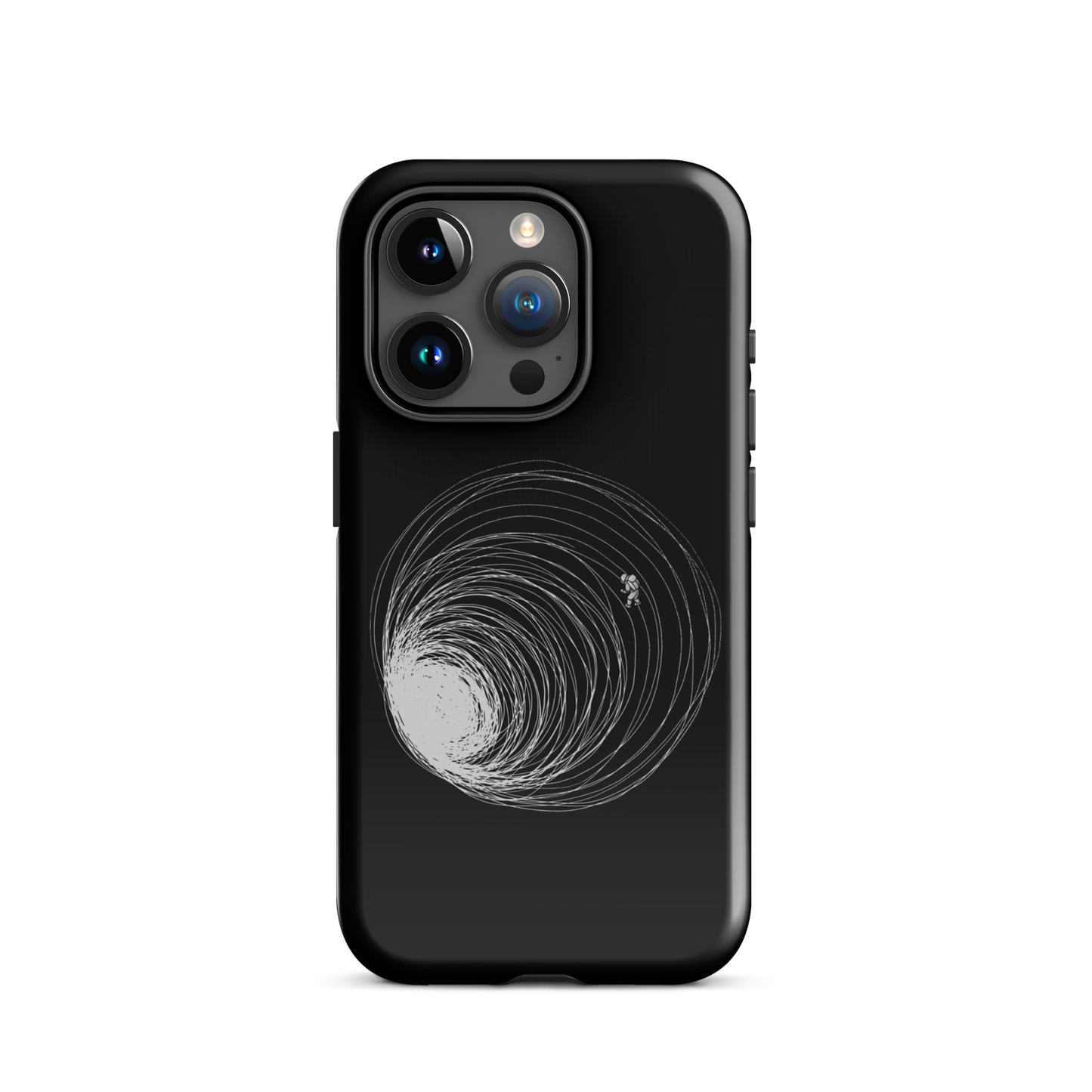 A big black hole with an astronaut floating around as if being sucked into it. A minimalist art perfect for those who love space.