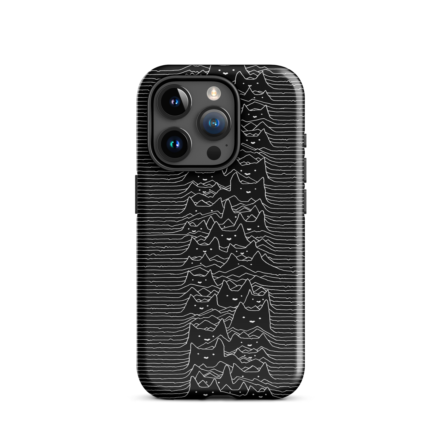 The drawing is a series of continuous wavy lines forming a pattern reminiscent of sound waves or topographic maps, but with an unexpected twist: the lines create the shapes of numerous cat faces stacked vertically. Each cat has simple, expressive features with pointed ears, adding a whimsical element to the otherwise structured pattern.