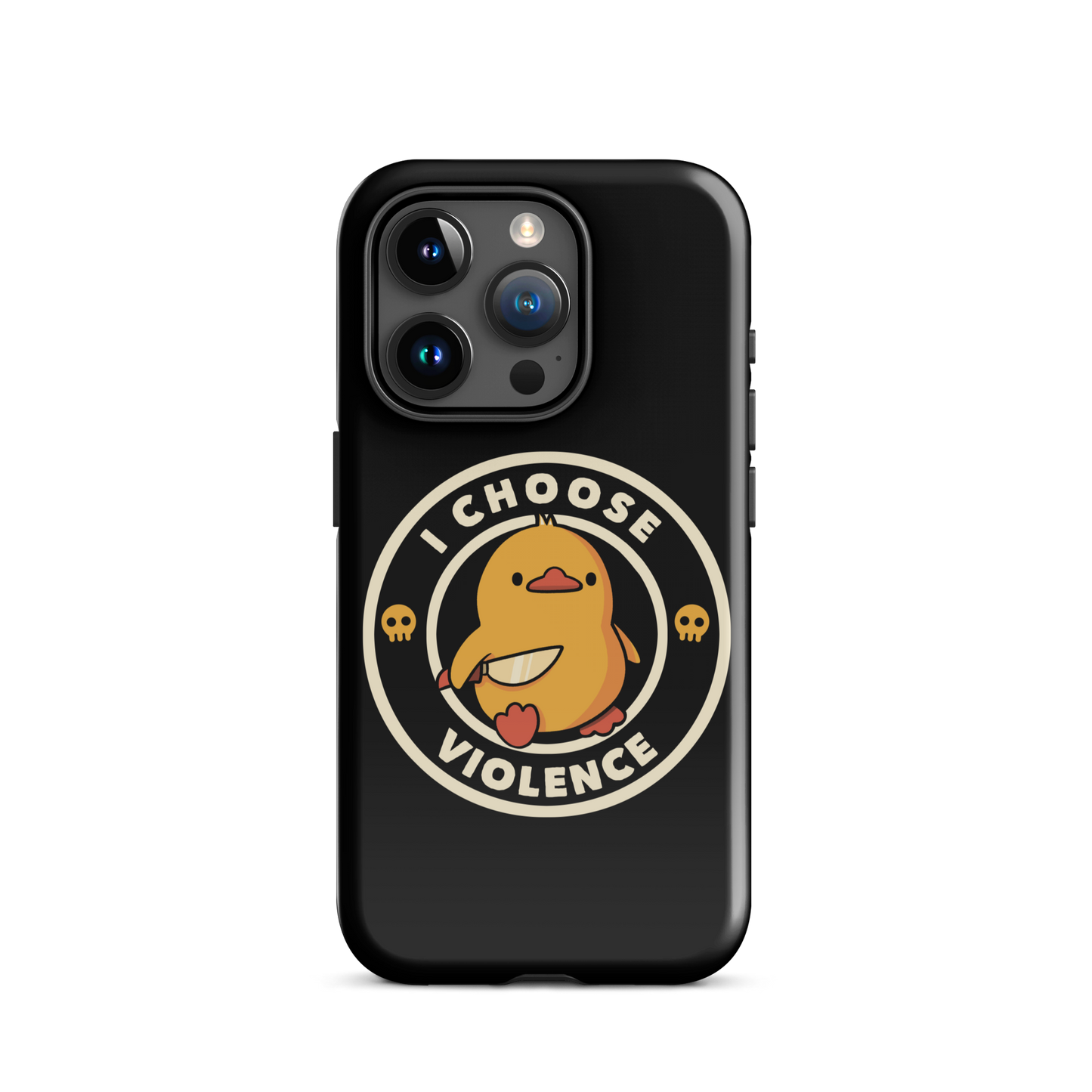 A cute, cartoon-style yellow duckling stands confidently holding a large knife in its wing. The duckling is encircled by text saying 'I CHOOSE VIOLENCE' in bold white letters. Small skull symbols flank the chick on either side, adding a touch of humor and irony to the otherwise adorable drawing.