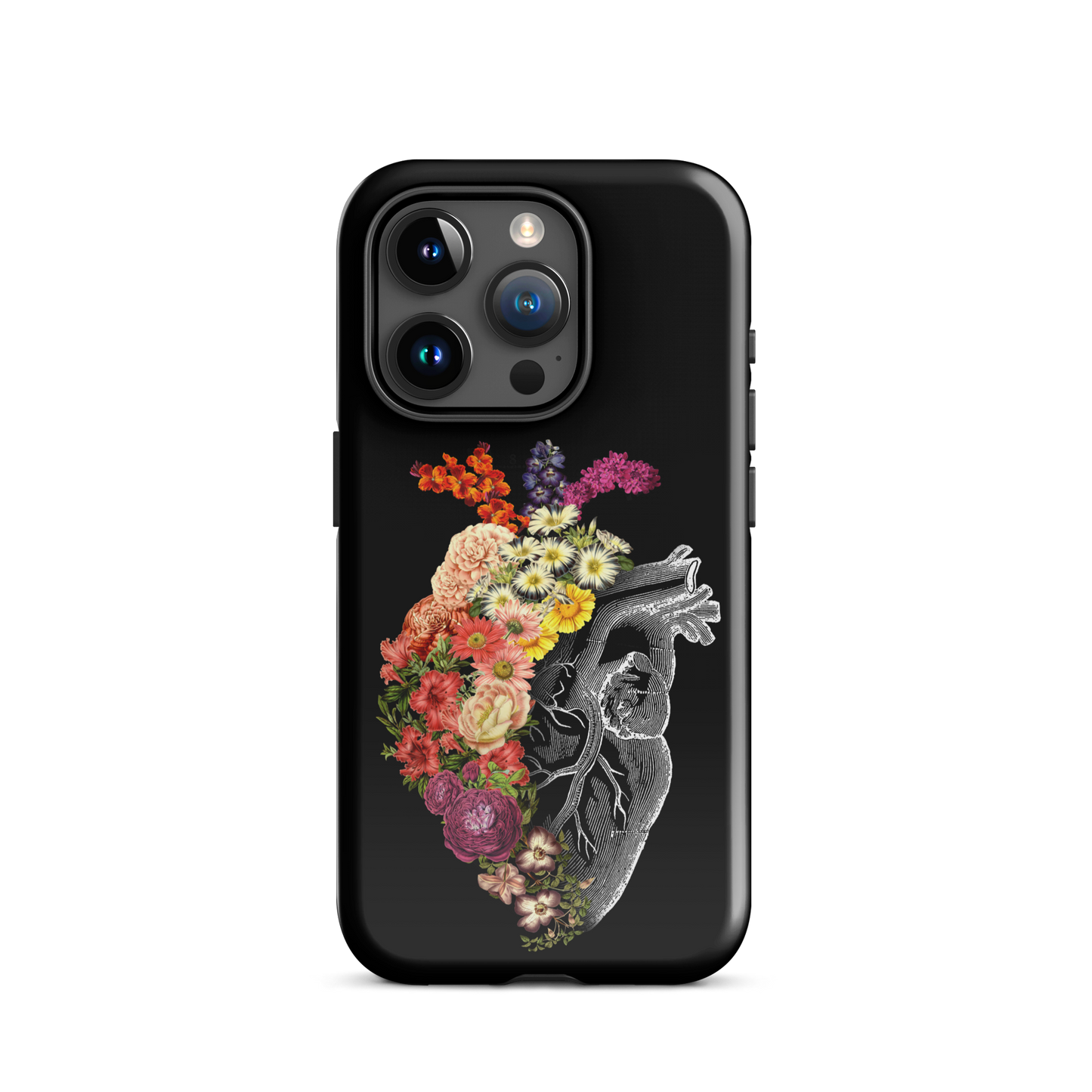 The design is an intricate and anatomical drawing of a human heart on a black background. The left side of the heart morphs into a vibrant assortment of colorful flowers, including roses, daisies, and other blooming blossoms, creating a striking contrast between the realistic and the surreal, symbolizing the harmony between nature and humanity.