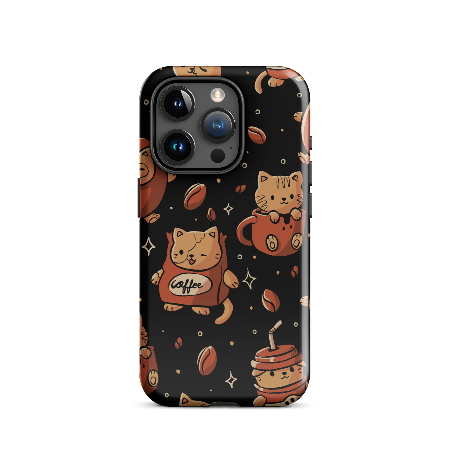 A pattern featuring several cute kittens appears in different coffee-themed versions: inside cups, as coffee beans, and on playful packaging. This artwork combines a love for cats and coffee in a charming and humorous composition. Perfect for cat lovers, coffee lovers, baristas, and anyone who enjoys cute and cozy designs.