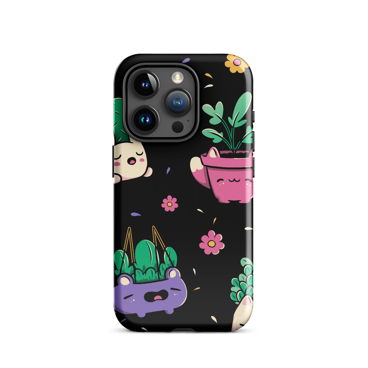 An endearing pattern featuring petite potted plants creatively shaped like adorable animals, arranged in a charming repeating composition. This enchanting design is perfect for plant enthusiasts who adore greenery and love surrounding themselves with whimsical, nature-inspired details.