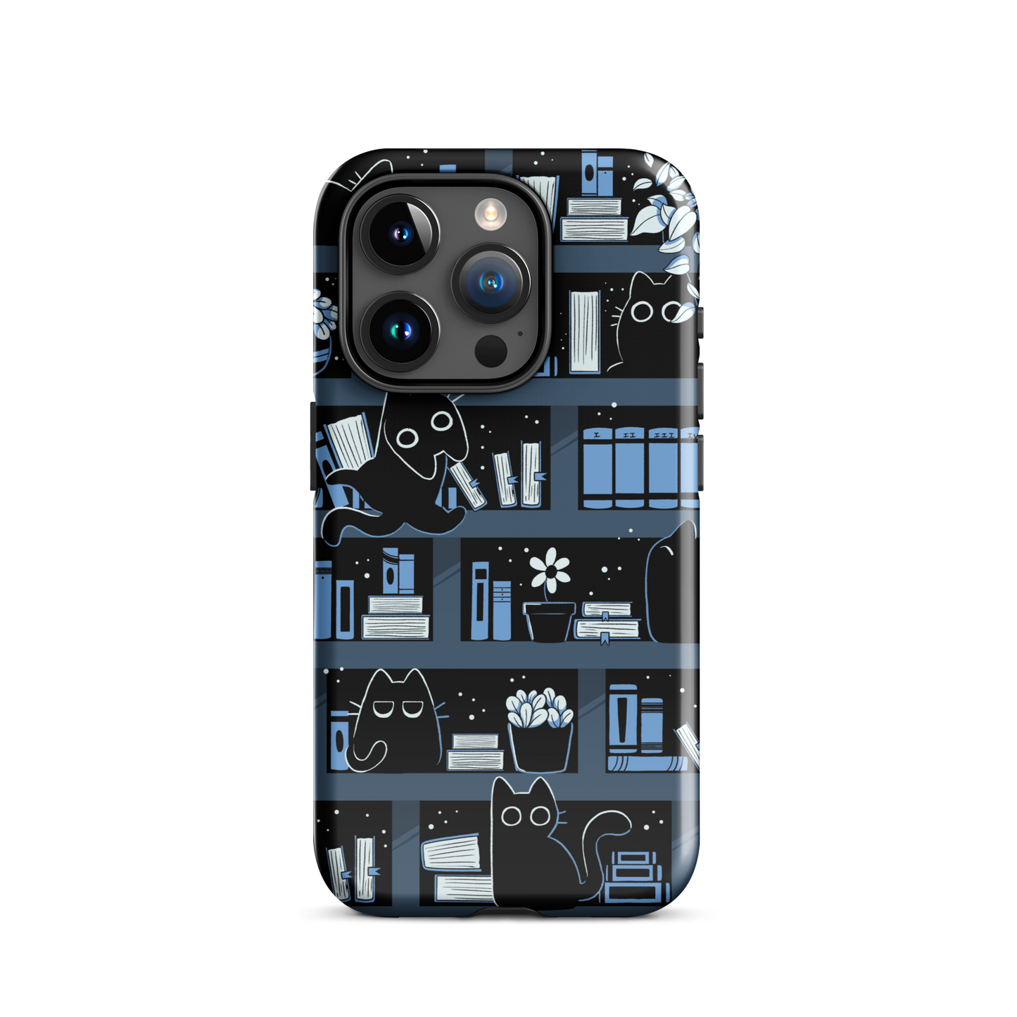 A pattern designed to resemble one large bookshelf filled with books, plants and playful little black kittens tucked between the shelves. An artwork in shades of black and blue, perfect for those who love cats, books and plants.