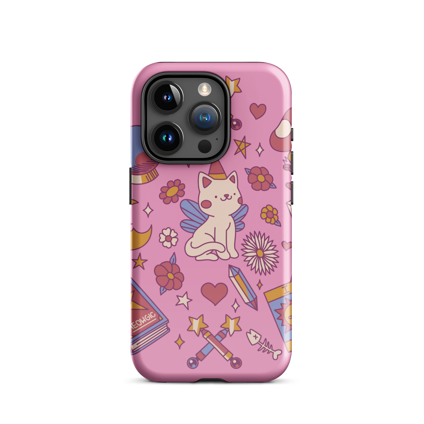 The artwork depicts a magical kitten with wings and a little hat, surrounded by crystals, flowers, tarot cards, mushrooms, and mystical elements in pastel shades. The design blends cute fantasy with colorful witchy aesthetics, creating an enchanting, lighthearted composition full of fun details. Perfect for lovers of cute mysticism, tarot, magical cats, and anyone who enjoys colorful prints with a magical vibe.