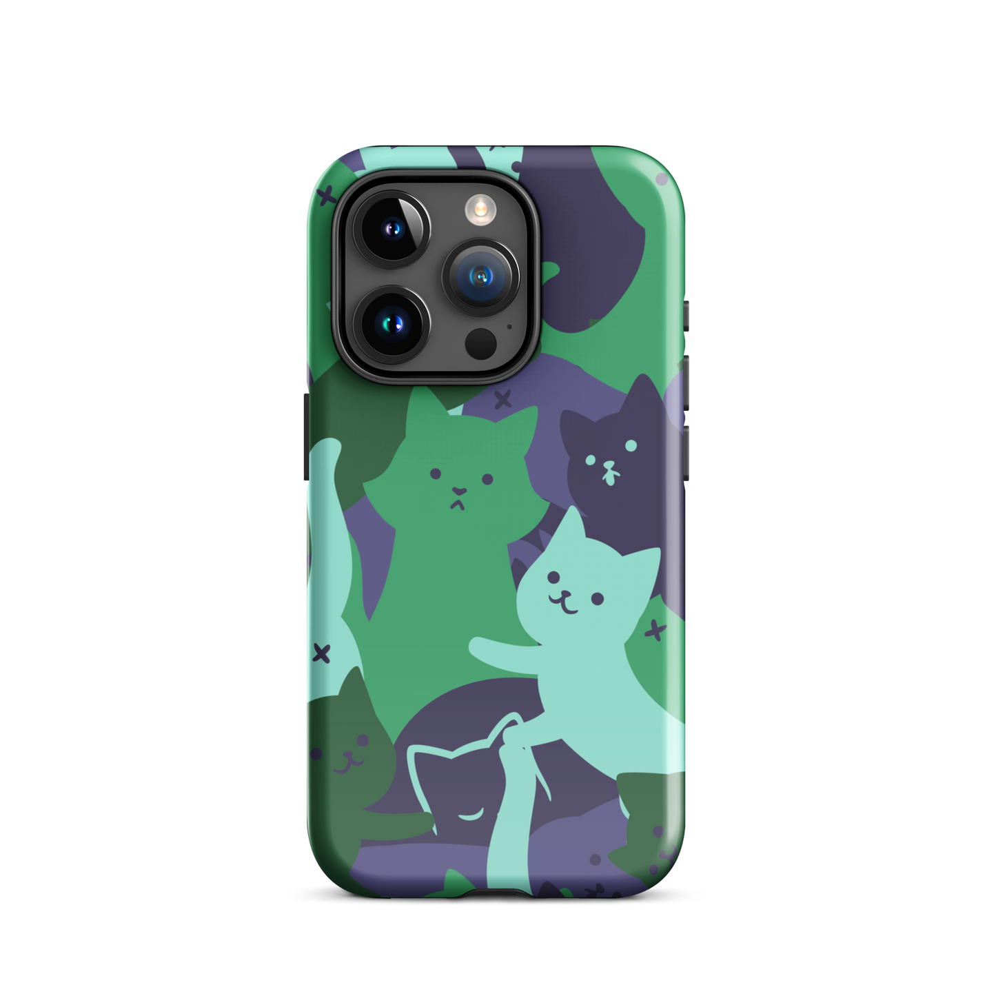 A playful pattern featuring multiple kittens in shades of green and blue, arranged to create a soft camouflage effect. This design blends cute cats with a modern pattern aesthetic, perfect for fans of fun, stylish, and whimsical art.