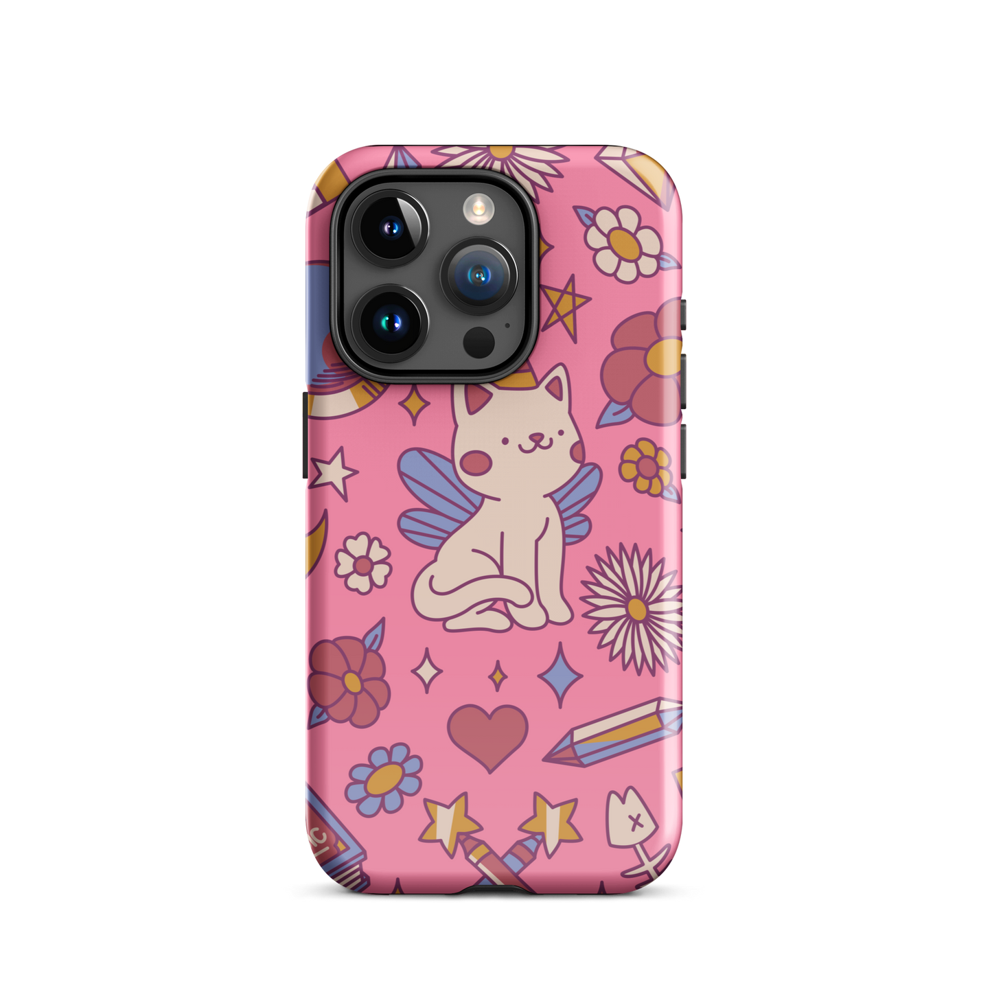 A seamless pattern featuring a magical winged kitten surrounded by crystals, flowers, tarot cards, mushrooms and other mystical elements in soft pastel tones. A playful and whimsical design with a cute, magical vibe.