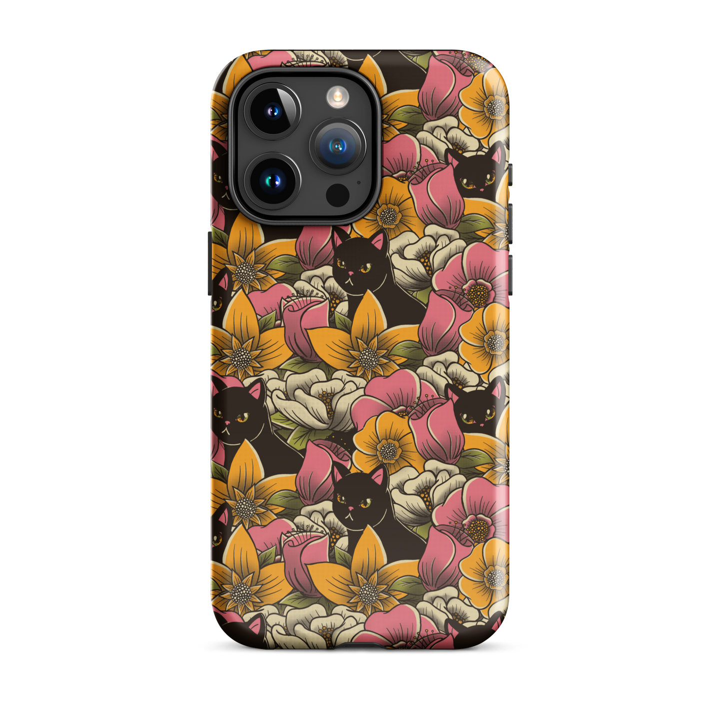 The image features a repeating pattern of colorful flowers in pink, yellow, and cream hues with lush green foliage. Interspersed among the flowers are playful black cats with bright eyes. The design has a whimsical and vibrant feel, ideal for various products like t-shirts, stickers, coffee cups, and skateboards. The style is reminiscent of traditional floral art blended with playful elements of animal decor.