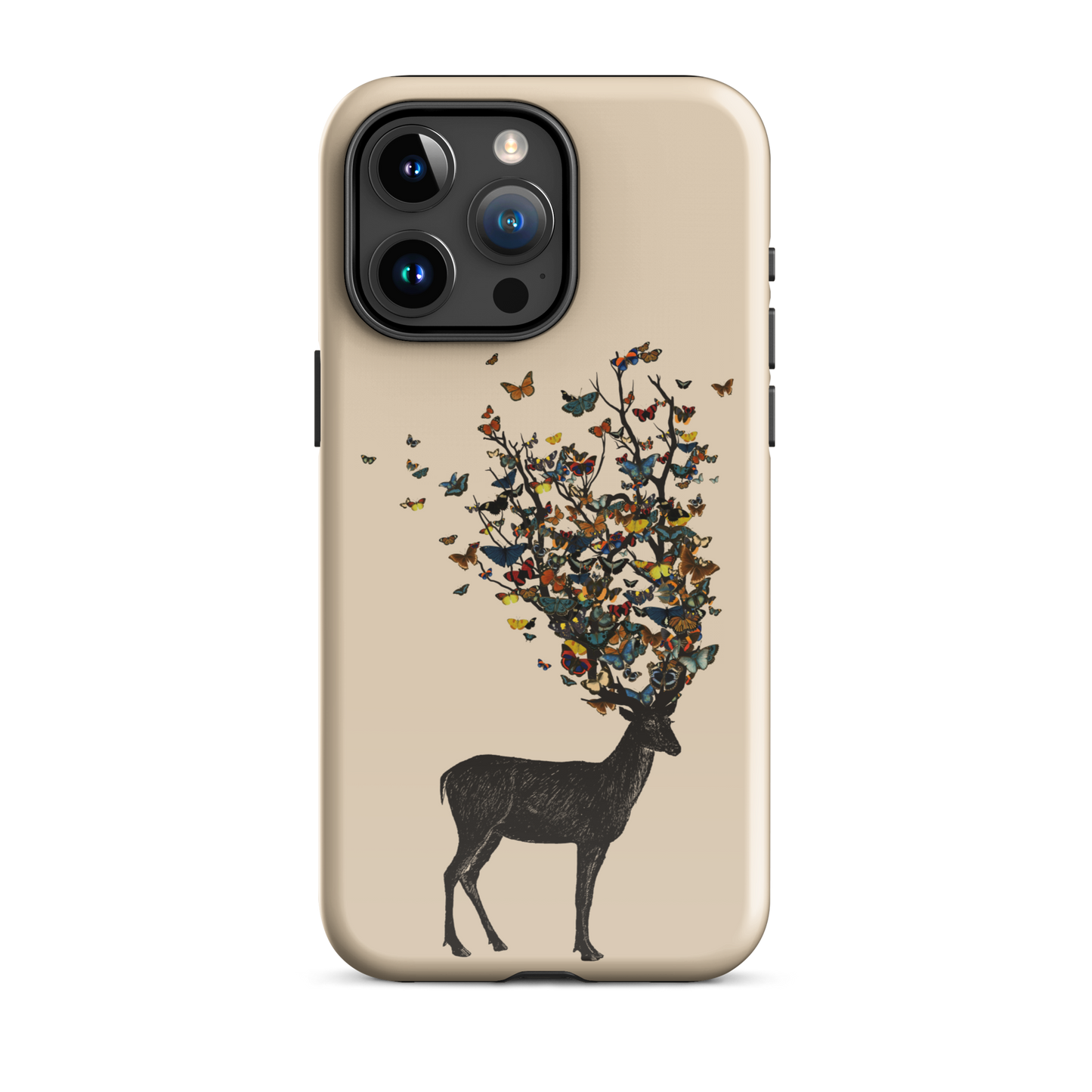 The image depicts a dark, silhouetted deer standing on a neutral background. Instead of branches, its antlers transform into a swirling cloud of vibrant, colorful butterflies that extend upwards and outward. The mix of organic and ethereal elements creates a captivating and whimsical visual contrast.
