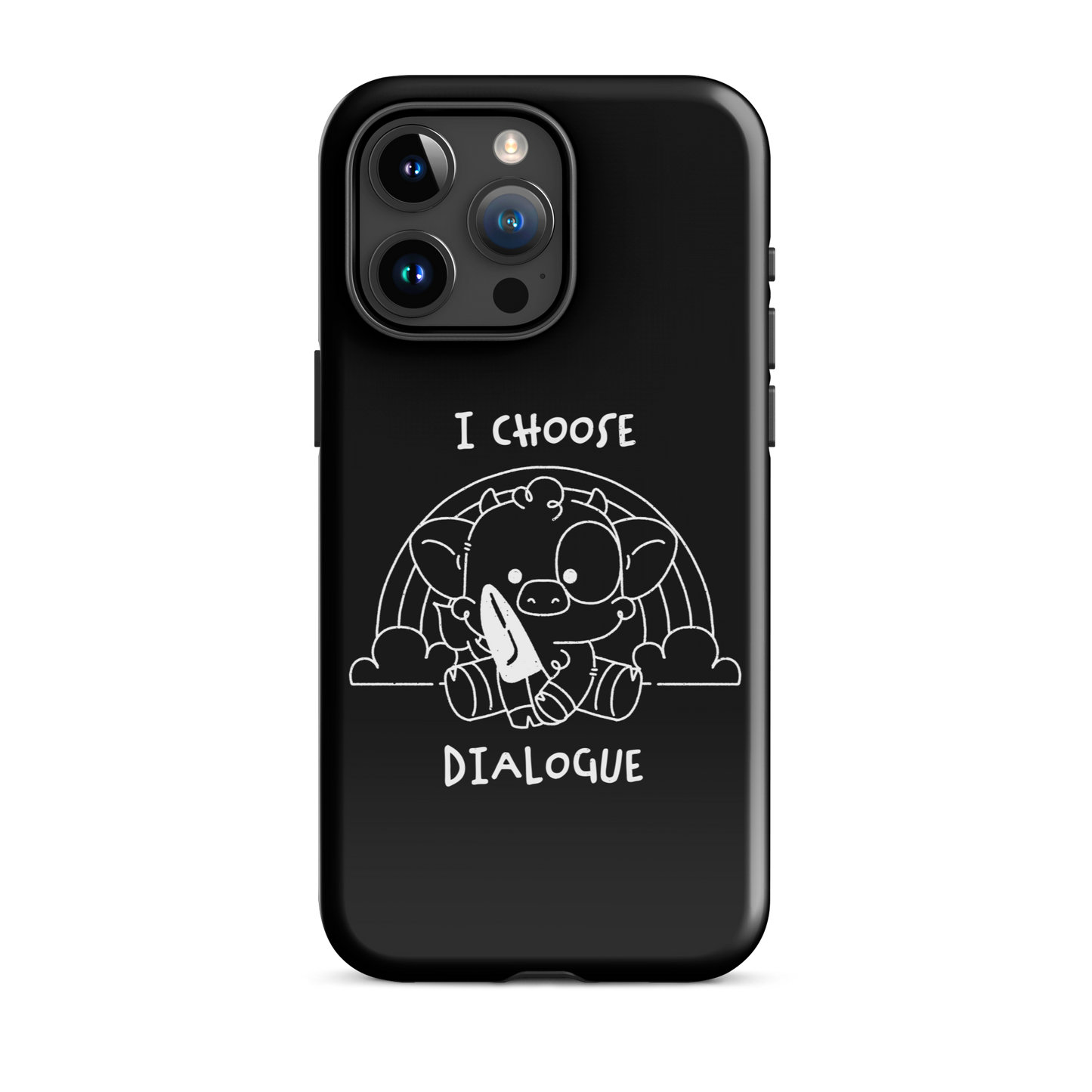 An adorable cow holds a knife while sitting in front of a rainbow, accompanied by the phrase “I Choose Dialogue.” This design combines sweetness and irony to create a fun and unexpected contrast. It’s a great gift for those who enjoy subtle humor and designs that combine cuteness with a touch of irreverence.