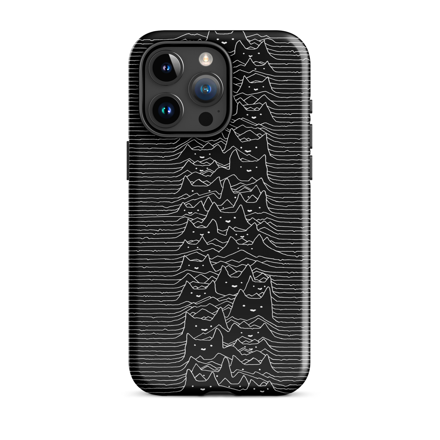 The drawing is a series of continuous wavy lines forming a pattern reminiscent of sound waves or topographic maps, but with an unexpected twist: the lines create the shapes of numerous cat faces stacked vertically. Each cat has simple, expressive features with pointed ears, adding a whimsical element to the otherwise structured pattern.