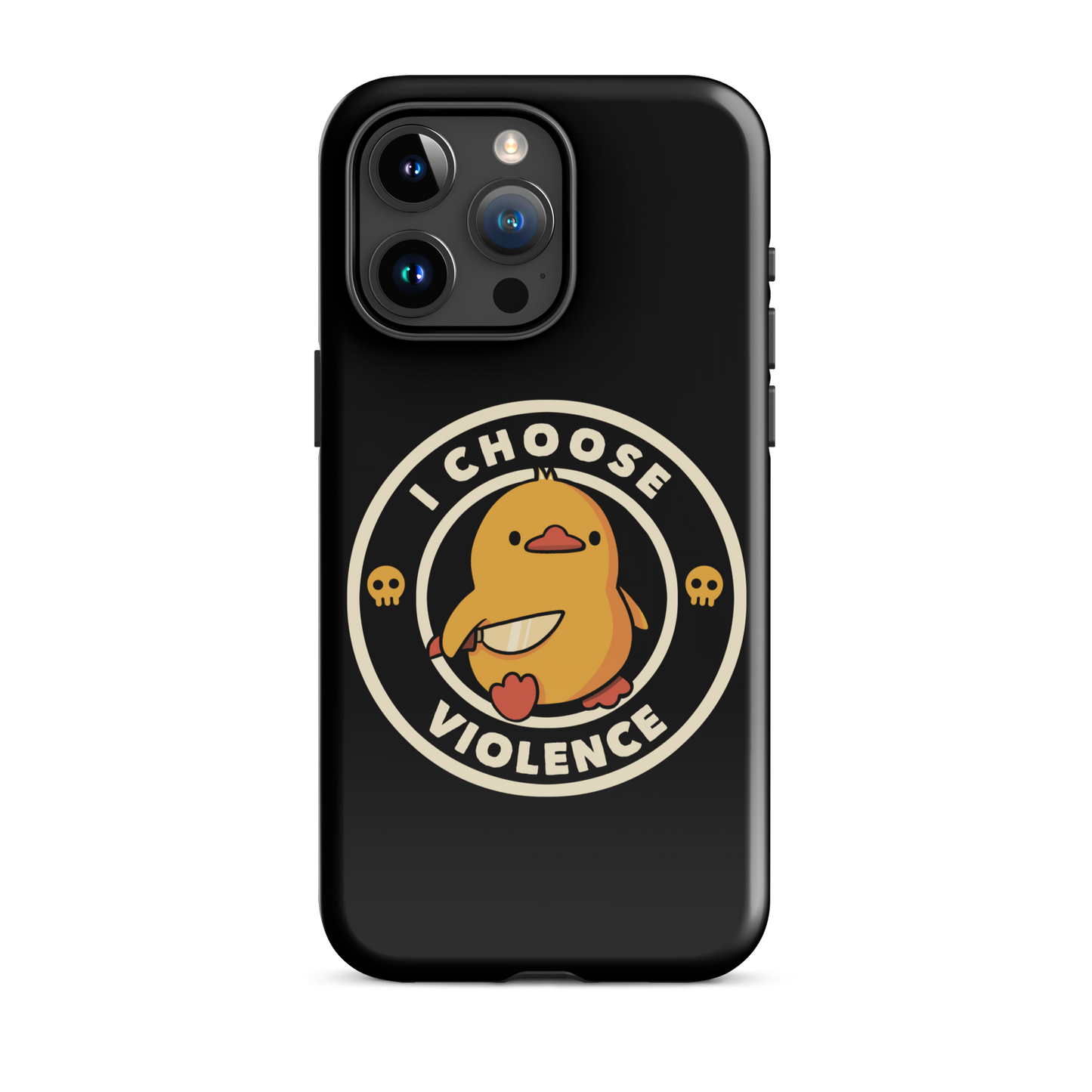 A cute, cartoon-style yellow duckling stands confidently holding a large knife in its wing. The duckling is encircled by text saying 'I CHOOSE VIOLENCE' in bold white letters. Small skull symbols flank the chick on either side, adding a touch of humor and irony to the otherwise adorable drawing.