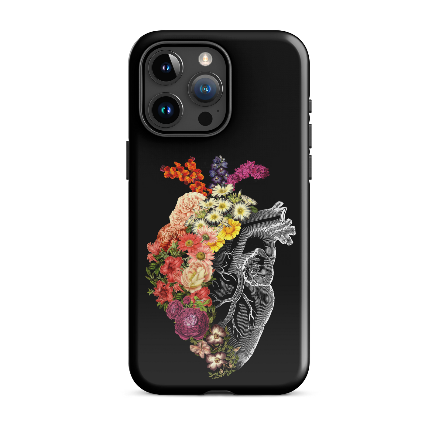 The design is an intricate and anatomical drawing of a human heart on a black background. The left side of the heart morphs into a vibrant assortment of colorful flowers, including roses, daisies, and other blooming blossoms, creating a striking contrast between the realistic and the surreal, symbolizing the harmony between nature and humanity.