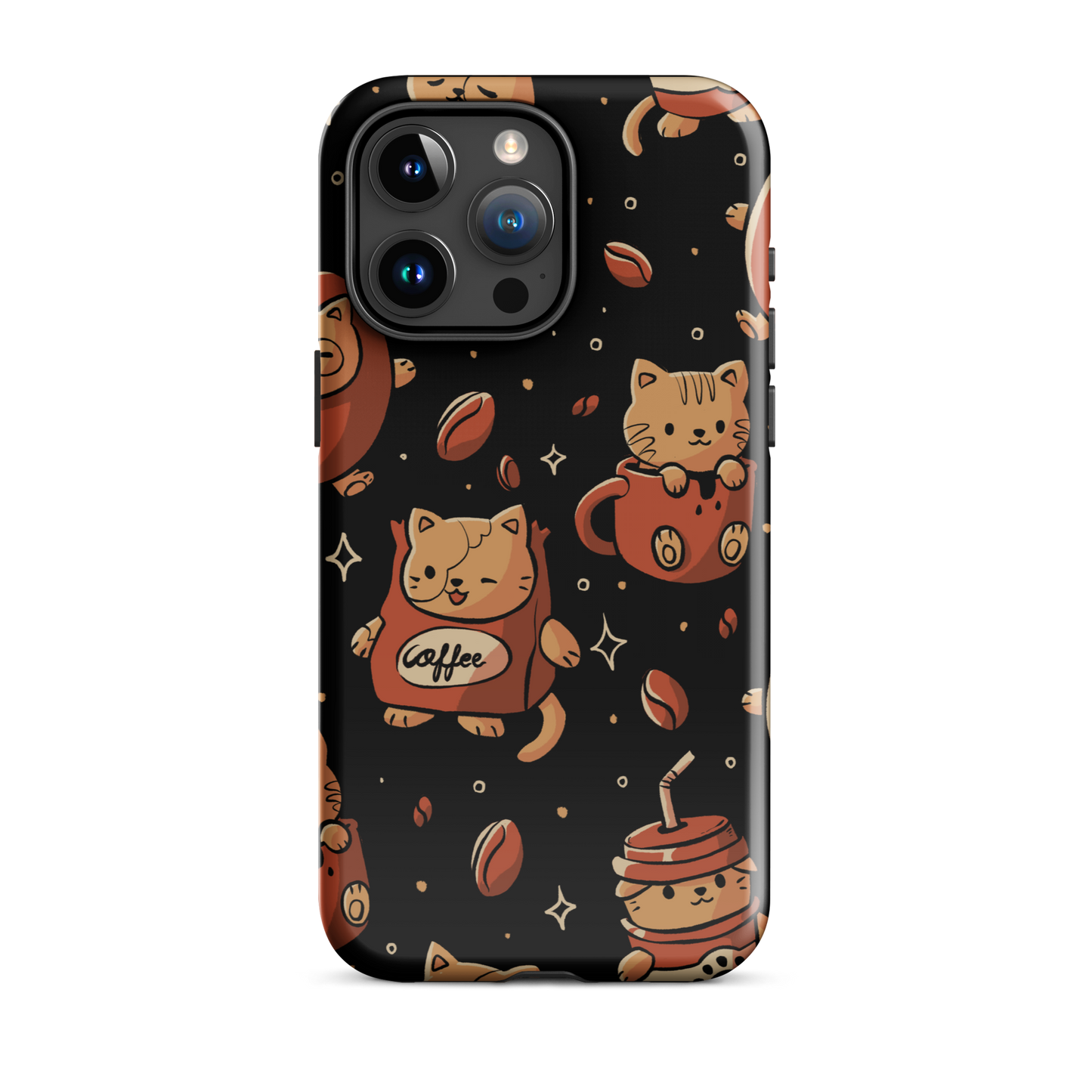 A pattern featuring several cute kittens appears in different coffee-themed versions: inside cups, as coffee beans, and on playful packaging. This artwork combines a love for cats and coffee in a charming and humorous composition. Perfect for cat lovers, coffee lovers, baristas, and anyone who enjoys cute and cozy designs.