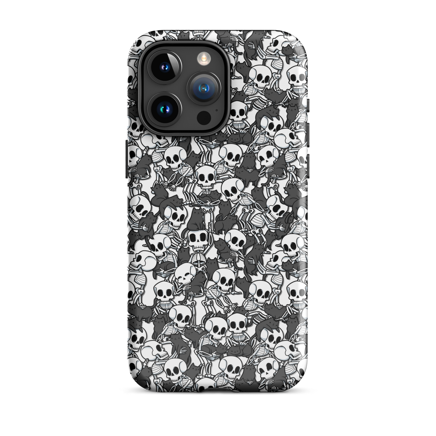 This artwork shows a playful pattern of cartoon skeletons cuddling and interacting with adorable black cats. It blends spooky charm with cozy, humorous vibes, creating a perfect aesthetic between macabre and cute. Ideal for fans of Halloween, gothic aesthetics, or anyone who loves fun prints with personality.