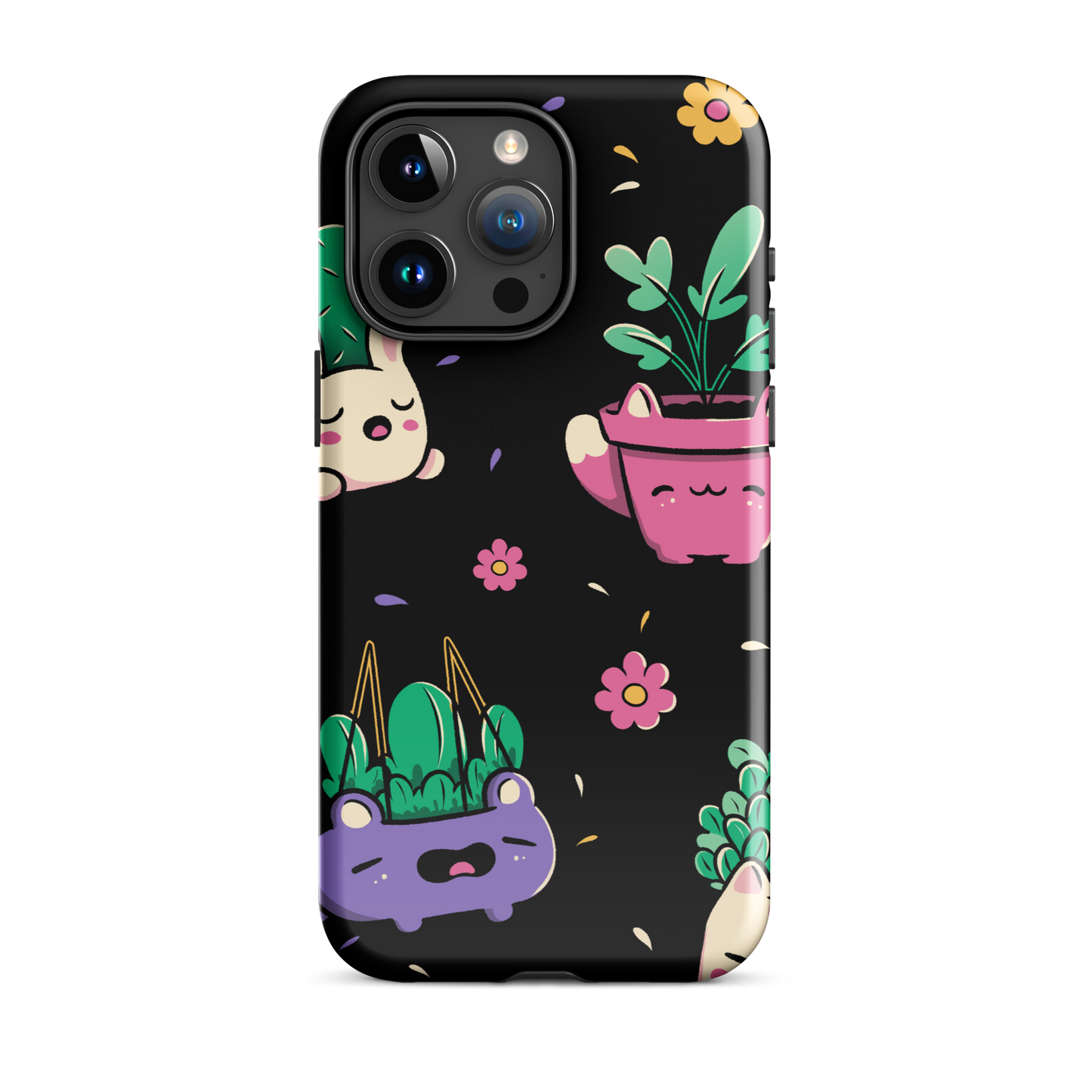 An endearing pattern featuring petite potted plants creatively shaped like adorable animals, arranged in a charming repeating composition. This enchanting design is perfect for plant enthusiasts who adore greenery and love surrounding themselves with whimsical, nature-inspired details.