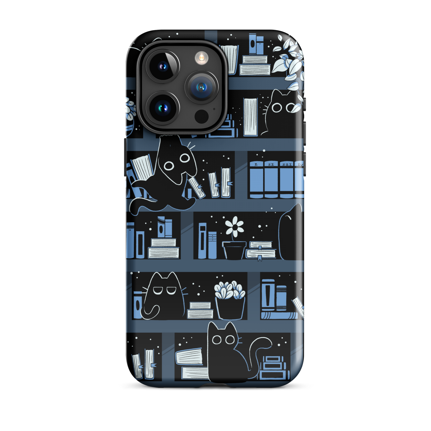 A pattern designed to resemble one large bookshelf filled with books, plants and playful little black kittens tucked between the shelves. An artwork in shades of black and blue, perfect for those who love cats, books and plants.