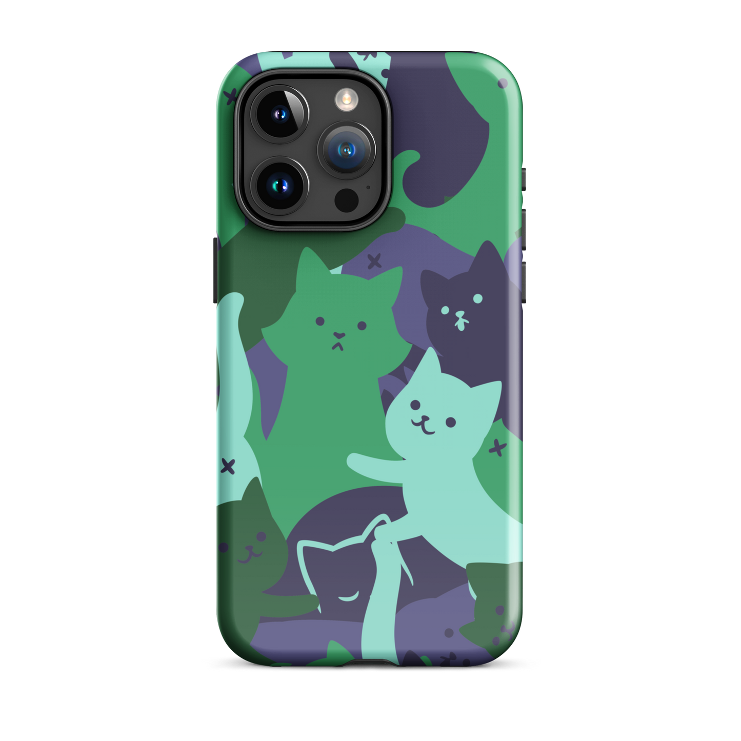 A playful pattern featuring multiple kittens in shades of green and blue, arranged to create a soft camouflage effect. This design blends cute cats with a modern pattern aesthetic, perfect for fans of fun, stylish, and whimsical art.