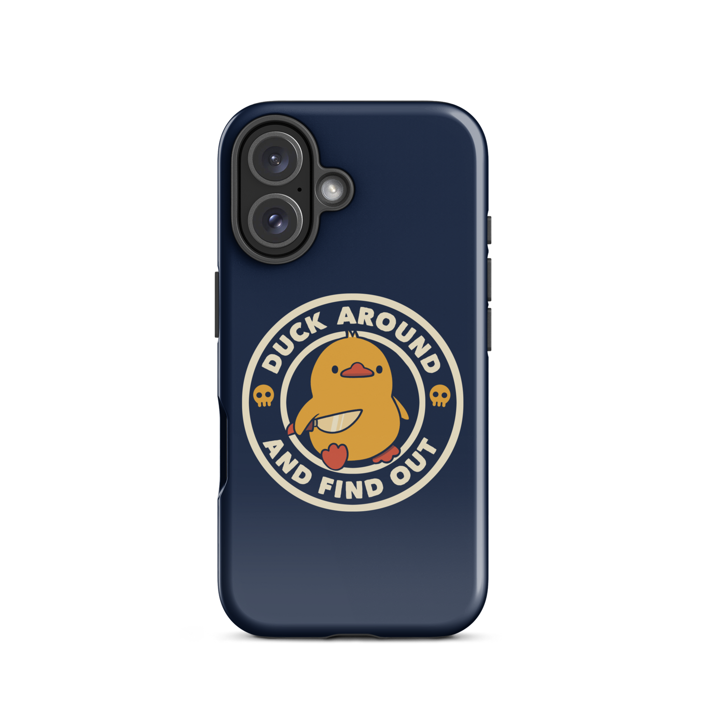 A cute yellow duck holding a small knife, around it the text "Duck Around And Find Out". An art that mixes humor with the temperament of ducks.