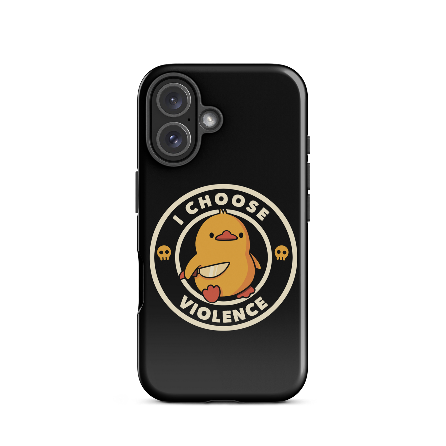 A cute, cartoon-style yellow duckling stands confidently holding a large knife in its wing. The duckling is encircled by text saying 'I CHOOSE VIOLENCE' in bold white letters. Small skull symbols flank the chick on either side, adding a touch of humor and irony to the otherwise adorable drawing.