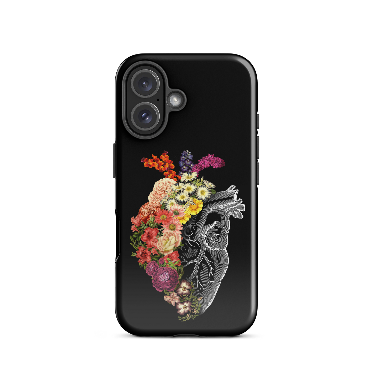 The design is an intricate and anatomical drawing of a human heart on a black background. The left side of the heart morphs into a vibrant assortment of colorful flowers, including roses, daisies, and other blooming blossoms, creating a striking contrast between the realistic and the surreal, symbolizing the harmony between nature and humanity.