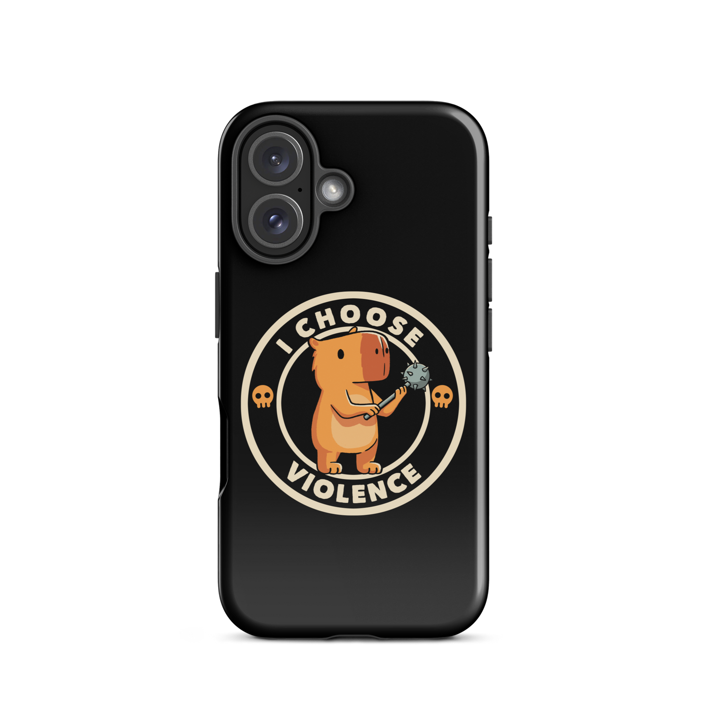 A cute, cartoonish burnt yellow capybara stands holding a spiked mace with a determined expression. Surrounding it is a circular design with the text 'I CHOOSE VIOLENCE' and two small skulls on either side, giving it a humorous yet ironic tone.