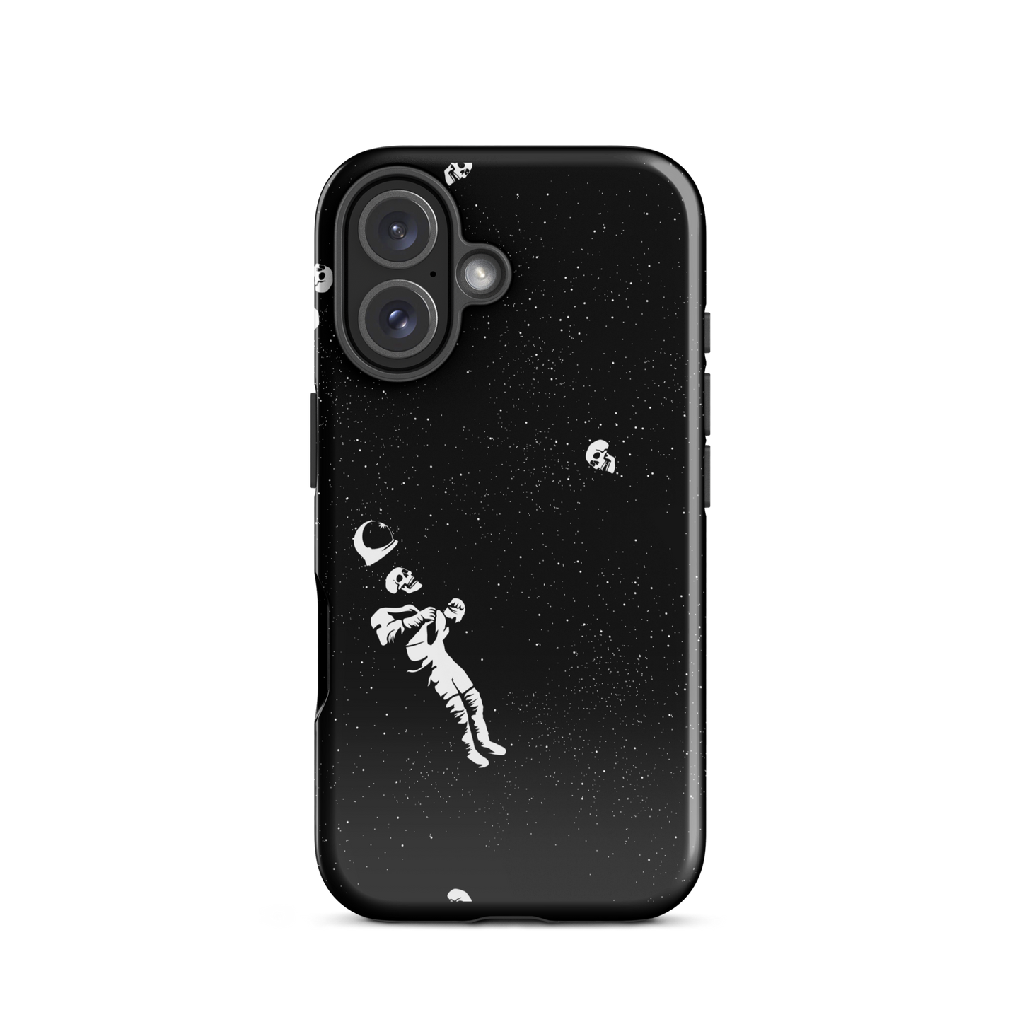 This image features a white astronaut figures floating in a dark, starry space background. The astronaut is surrounded by small celestial bodies and crescent moons, giving a sense of drifting through the cosmos. The design is intricate and has a whimsical, dreamy quality, with a vintage-inspired look, evoking a sense of exploration and wonder.
