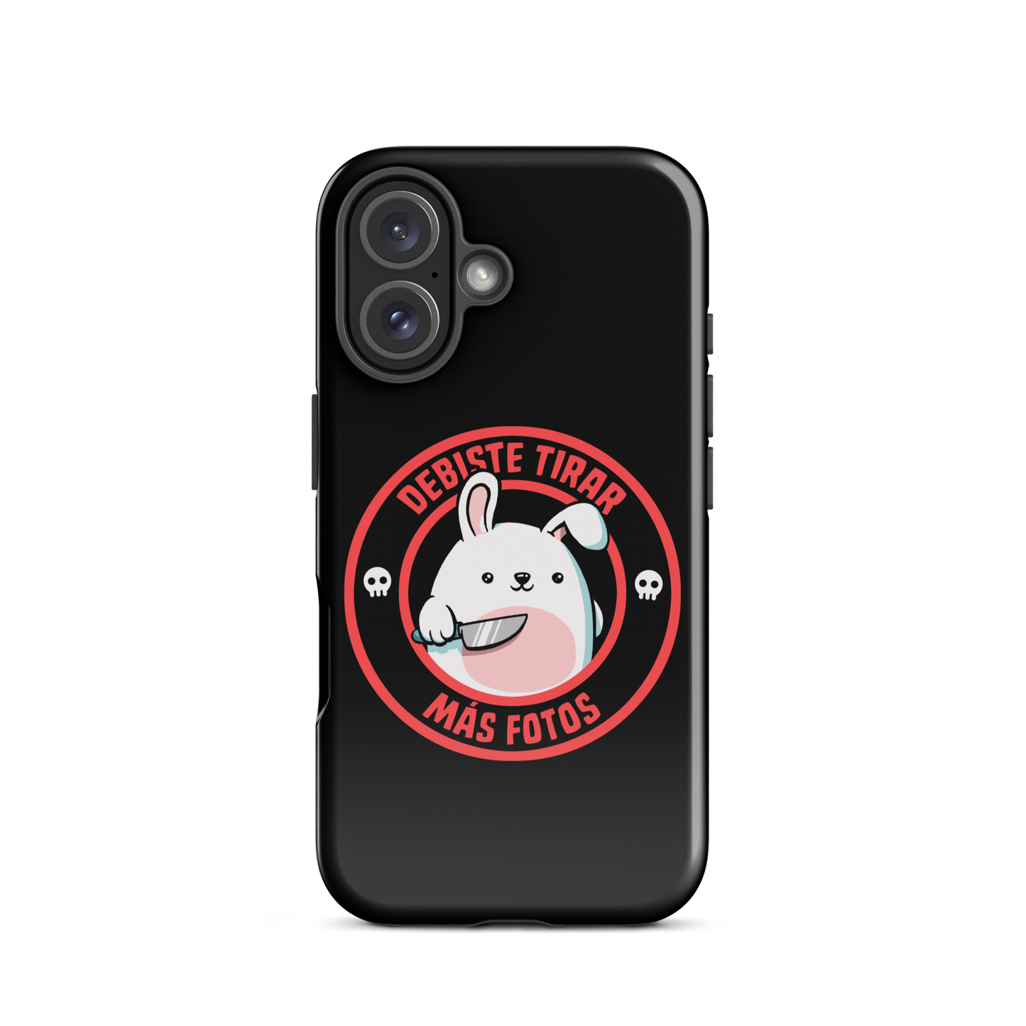 A cute white cartoon bunny with a pink belly stands holding a large kitchen knife in one paw. Surrounding the bunny is a red circular border with the words 'DEBISTE TIRAR MÁS FOTOS'. Small skull icons are on either side of the circle. The overall tone is a mix of adorable and ironic humor.