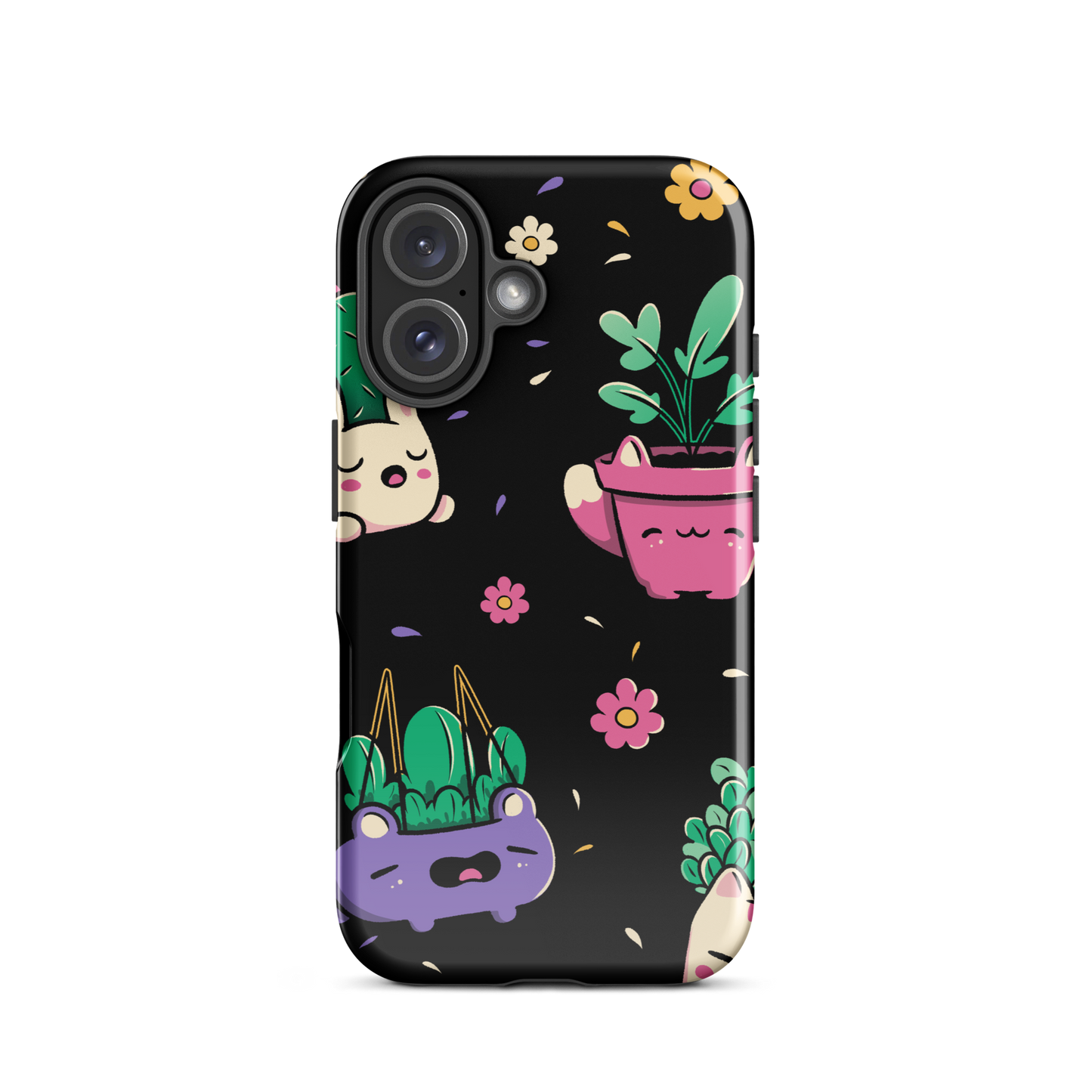 An endearing pattern featuring petite potted plants creatively shaped like adorable animals, arranged in a charming repeating composition. This enchanting design is perfect for plant enthusiasts who adore greenery and love surrounding themselves with whimsical, nature-inspired details.