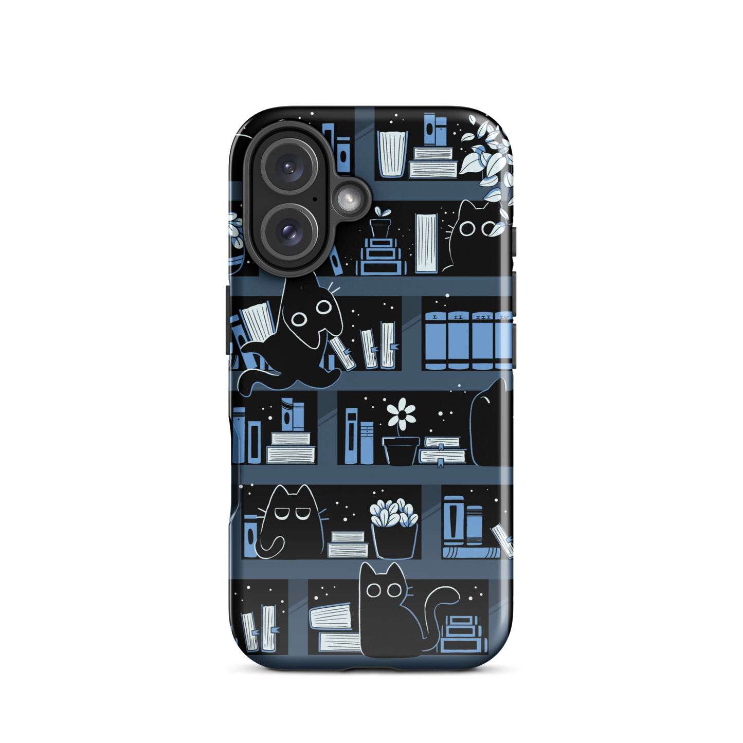 A pattern designed to resemble one large bookshelf filled with books, plants and playful little black kittens tucked between the shelves. An artwork in shades of black and blue, perfect for those who love cats, books and plants.