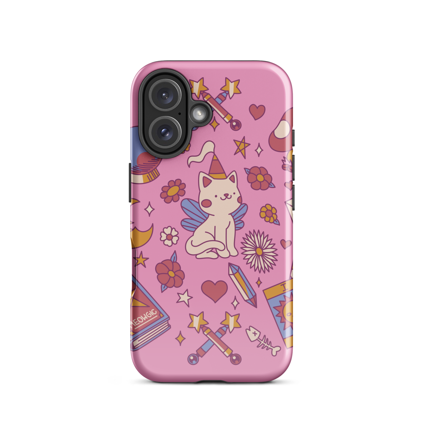 The artwork depicts a magical kitten with wings and a little hat, surrounded by crystals, flowers, tarot cards, mushrooms, and mystical elements in pastel shades. The design blends cute fantasy with colorful witchy aesthetics, creating an enchanting, lighthearted composition full of fun details. Perfect for lovers of cute mysticism, tarot, magical cats, and anyone who enjoys colorful prints with a magical vibe.