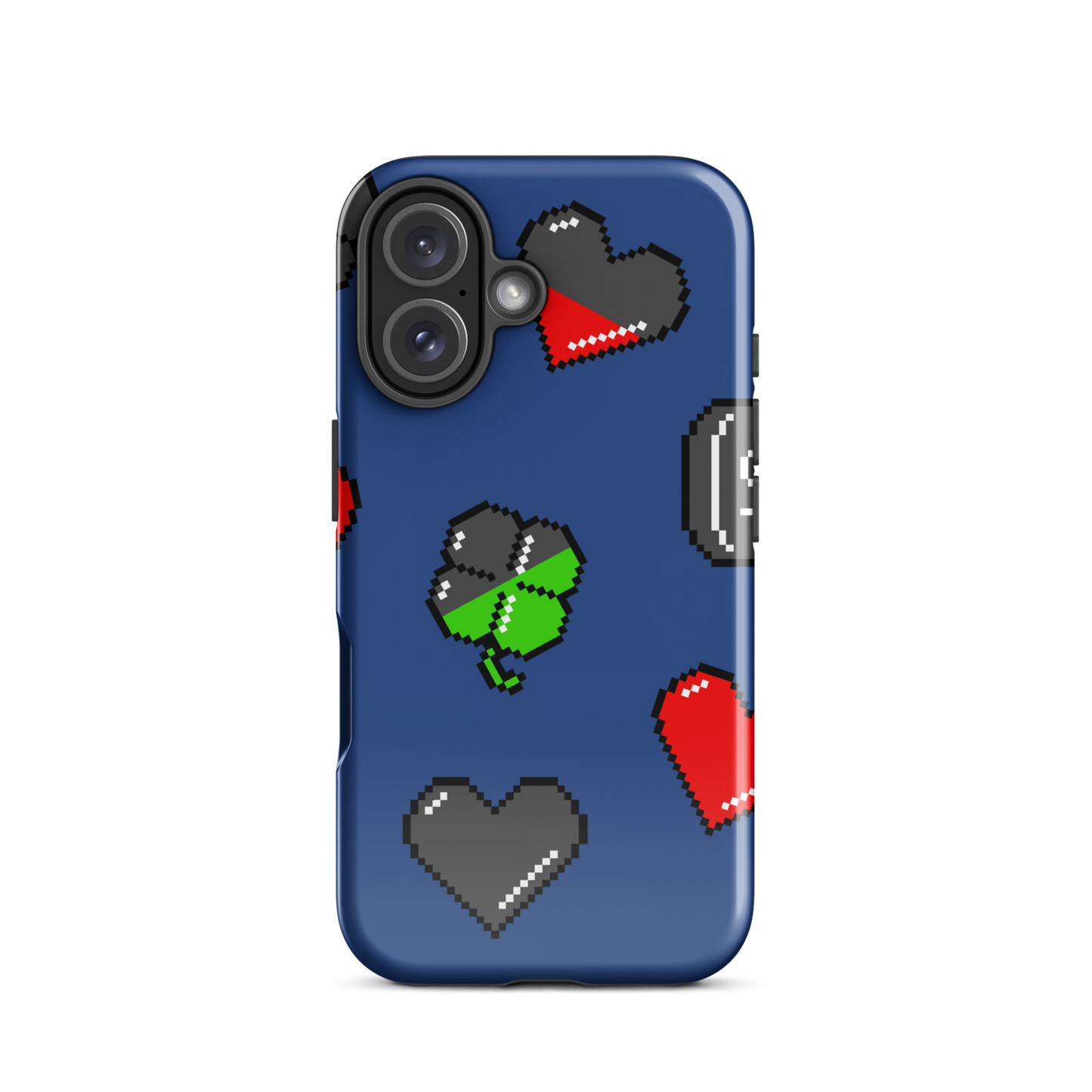 A repeating pattern made of 8-bit video game icons like hearts, four-leaf clovers, and coins. A nostalgic pixel art design inspired by classic games and retro digital culture.