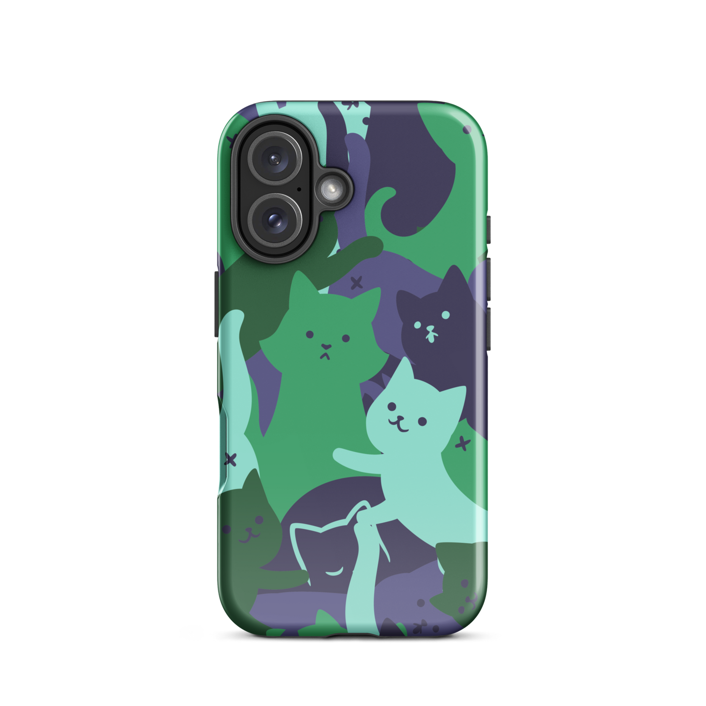 A playful pattern featuring multiple kittens in shades of green and blue, arranged to create a soft camouflage effect. This design blends cute cats with a modern pattern aesthetic, perfect for fans of fun, stylish, and whimsical art.