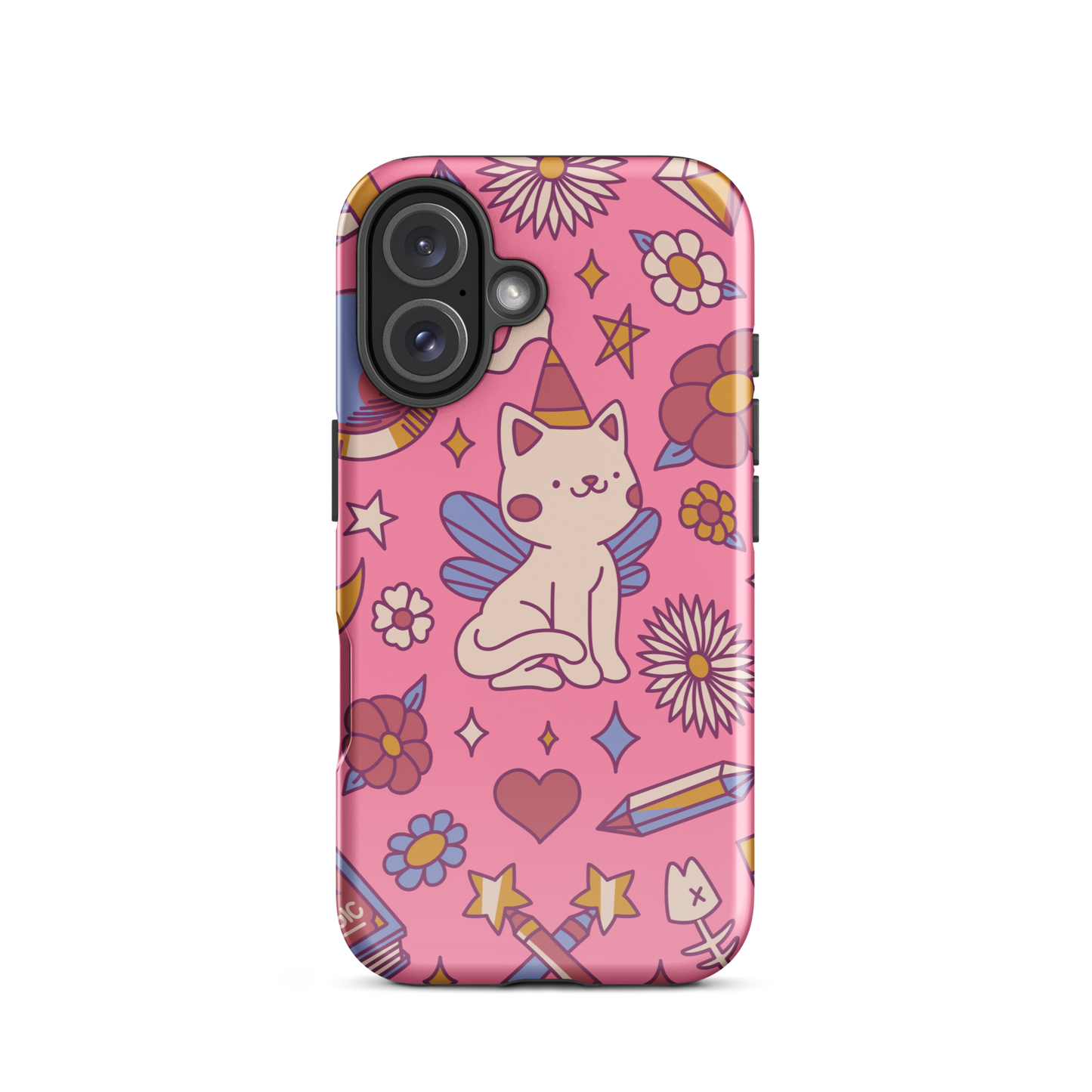 A seamless pattern featuring a magical winged kitten surrounded by crystals, flowers, tarot cards, mushrooms and other mystical elements in soft pastel tones. A playful and whimsical design with a cute, magical vibe.