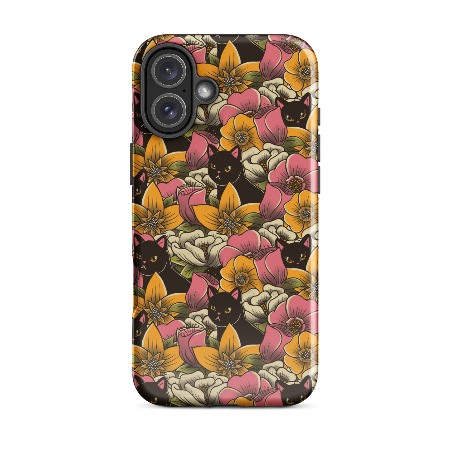 The image features a repeating pattern of colorful flowers in pink, yellow, and cream hues with lush green foliage. Interspersed among the flowers are playful black cats with bright eyes. The design has a whimsical and vibrant feel, ideal for various products like t-shirts, stickers, coffee cups, and skateboards. The style is reminiscent of traditional floral art blended with playful elements of animal decor.