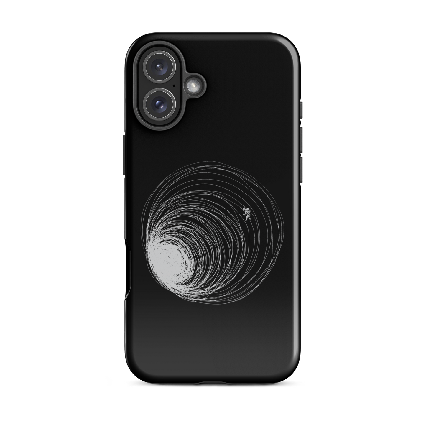 A big black hole with an astronaut floating around as if being sucked into it. A minimalist art perfect for those who love space.