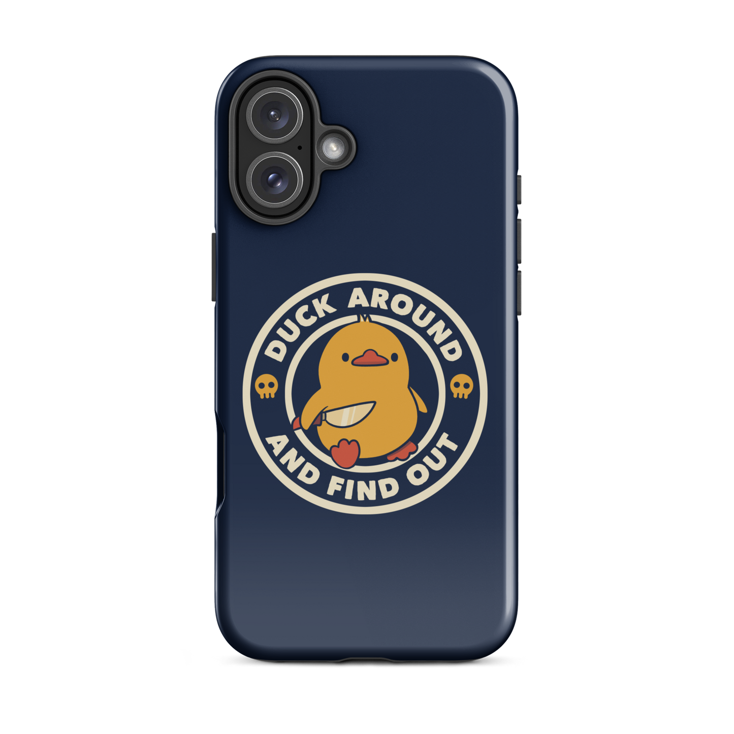 A cute yellow duck holding a small knife, around it the text "Duck Around And Find Out". An art that mixes humor with the temperament of ducks.