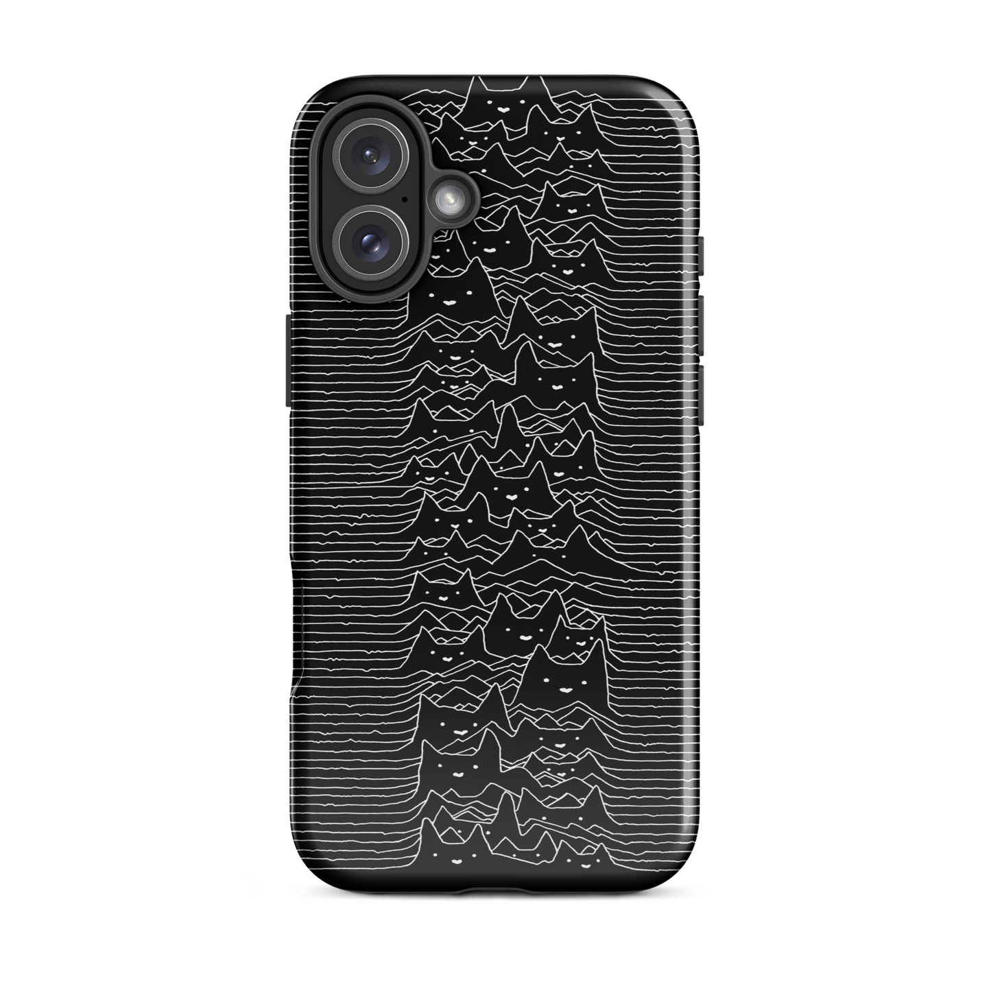 The drawing is a series of continuous wavy lines forming a pattern reminiscent of sound waves or topographic maps, but with an unexpected twist: the lines create the shapes of numerous cat faces stacked vertically. Each cat has simple, expressive features with pointed ears, adding a whimsical element to the otherwise structured pattern.