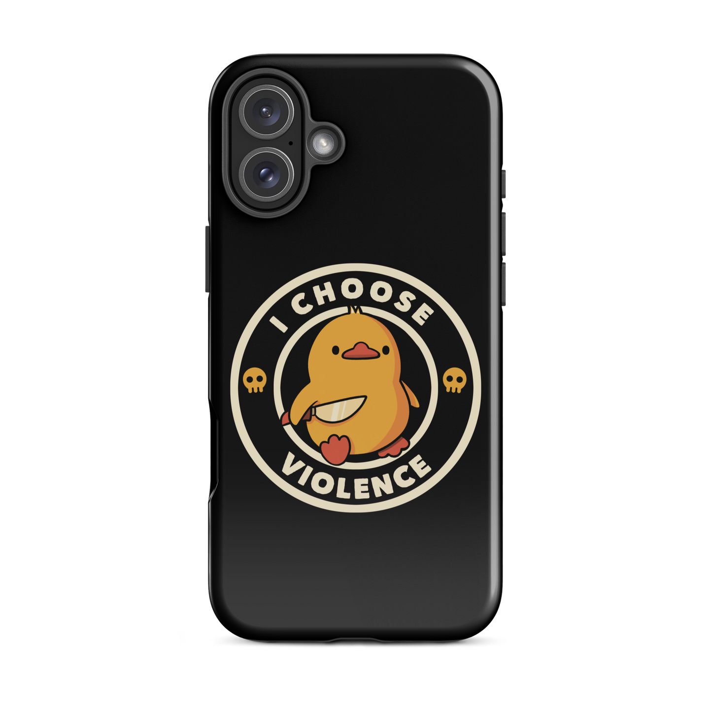 A cute, cartoon-style yellow duckling stands confidently holding a large knife in its wing. The duckling is encircled by text saying 'I CHOOSE VIOLENCE' in bold white letters. Small skull symbols flank the chick on either side, adding a touch of humor and irony to the otherwise adorable drawing.