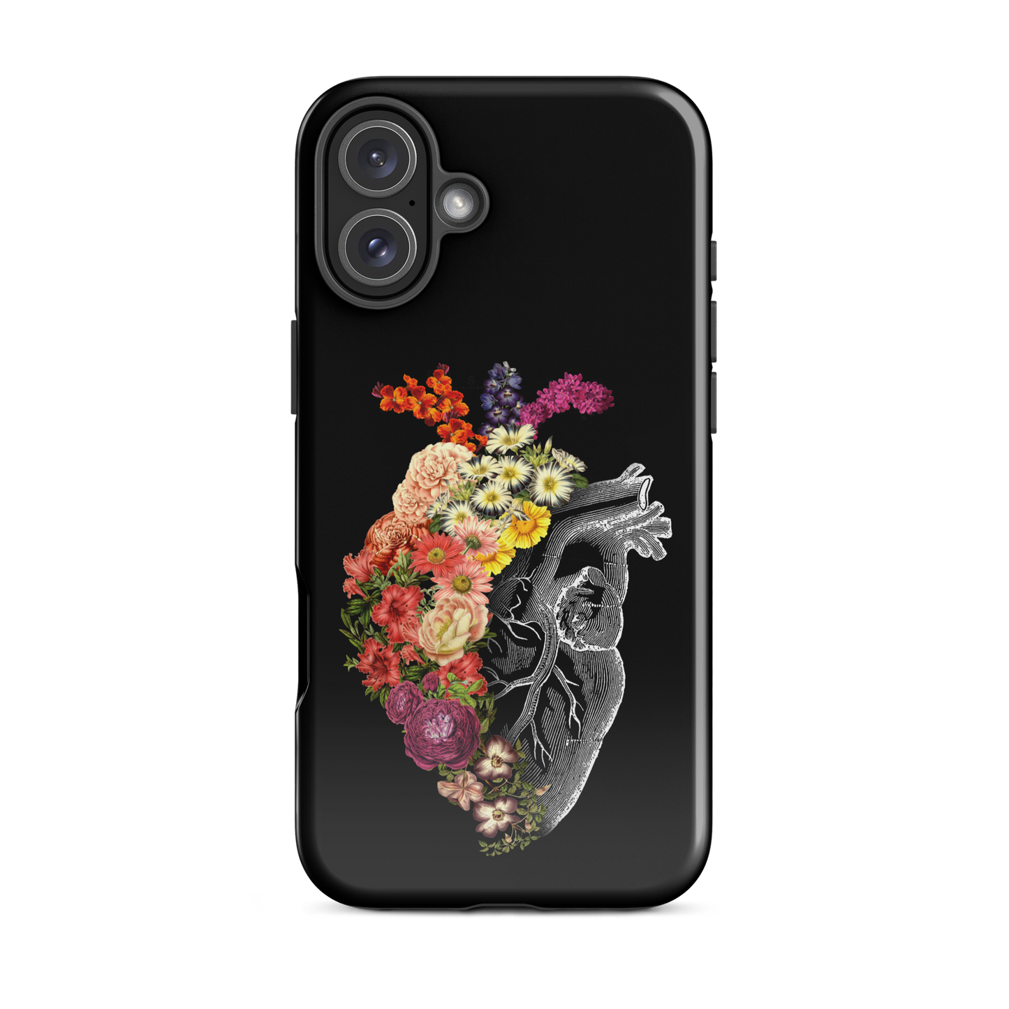 The design is an intricate and anatomical drawing of a human heart on a black background. The left side of the heart morphs into a vibrant assortment of colorful flowers, including roses, daisies, and other blooming blossoms, creating a striking contrast between the realistic and the surreal, symbolizing the harmony between nature and humanity.