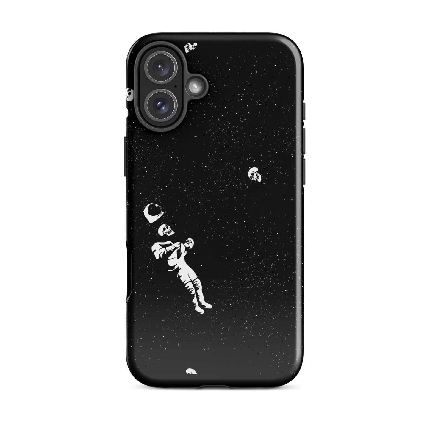 This image features a white astronaut figures floating in a dark, starry space background. The astronaut is surrounded by small celestial bodies and crescent moons, giving a sense of drifting through the cosmos. The design is intricate and has a whimsical, dreamy quality, with a vintage-inspired look, evoking a sense of exploration and wonder.