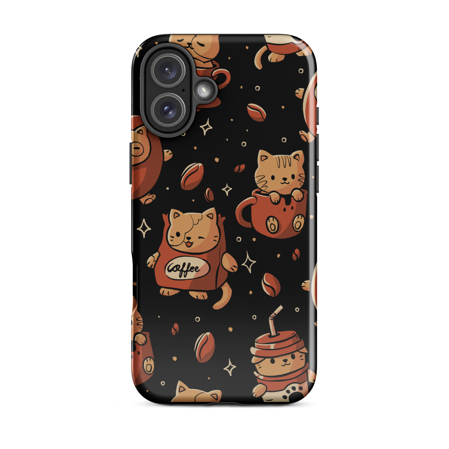 A pattern featuring several cute kittens appears in different coffee-themed versions: inside cups, as coffee beans, and on playful packaging. This artwork combines a love for cats and coffee in a charming and humorous composition. Perfect for cat lovers, coffee lovers, baristas, and anyone who enjoys cute and cozy designs.