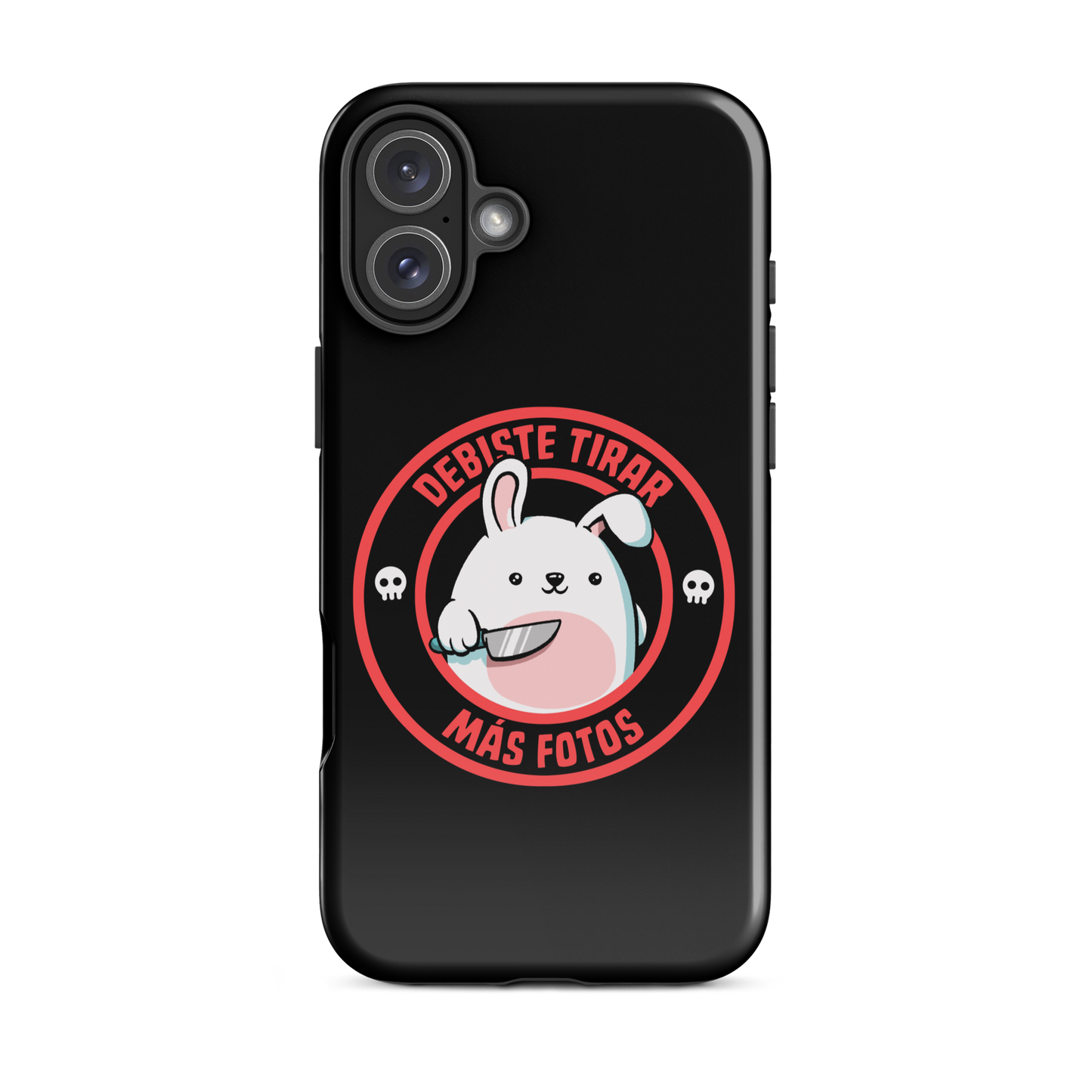 A cute white cartoon bunny with a pink belly stands holding a large kitchen knife in one paw. Surrounding the bunny is a red circular border with the words 'DEBISTE TIRAR MÁS FOTOS'. Small skull icons are on either side of the circle. The overall tone is a mix of adorable and ironic humor.