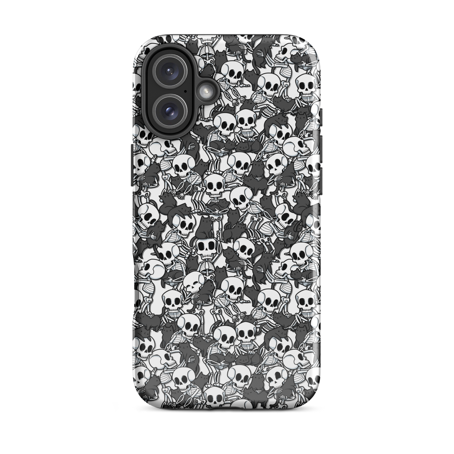This artwork shows a playful pattern of cartoon skeletons cuddling and interacting with adorable black cats. It blends spooky charm with cozy, humorous vibes, creating a perfect aesthetic between macabre and cute. Ideal for fans of Halloween, gothic aesthetics, or anyone who loves fun prints with personality.