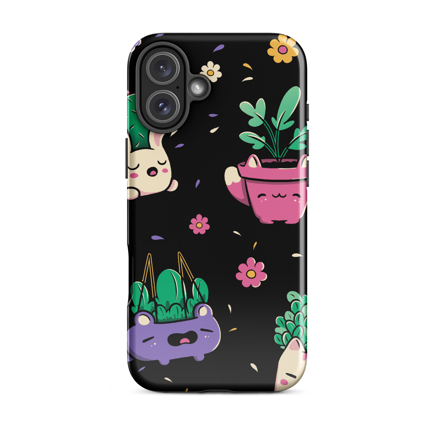 An endearing pattern featuring petite potted plants creatively shaped like adorable animals, arranged in a charming repeating composition. This enchanting design is perfect for plant enthusiasts who adore greenery and love surrounding themselves with whimsical, nature-inspired details.