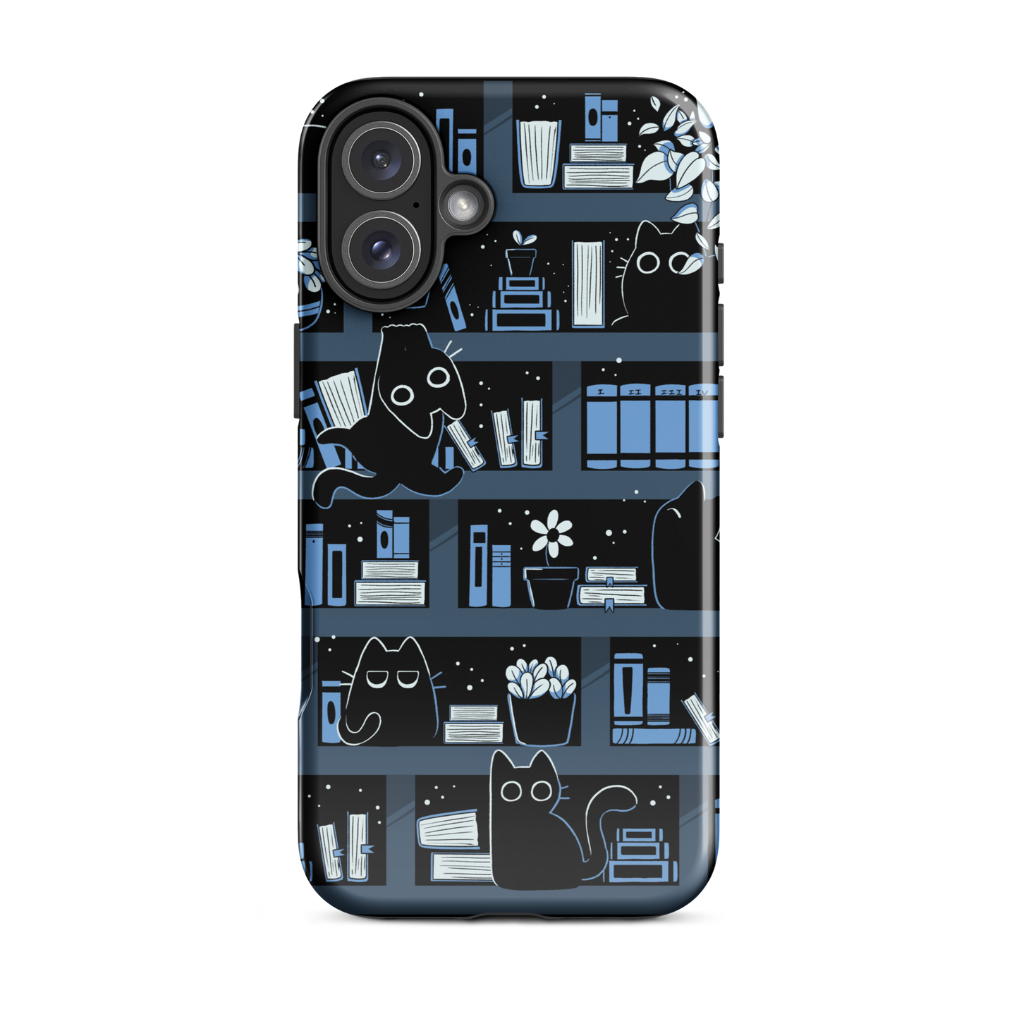A pattern designed to resemble one large bookshelf filled with books, plants and playful little black kittens tucked between the shelves. An artwork in shades of black and blue, perfect for those who love cats, books and plants.