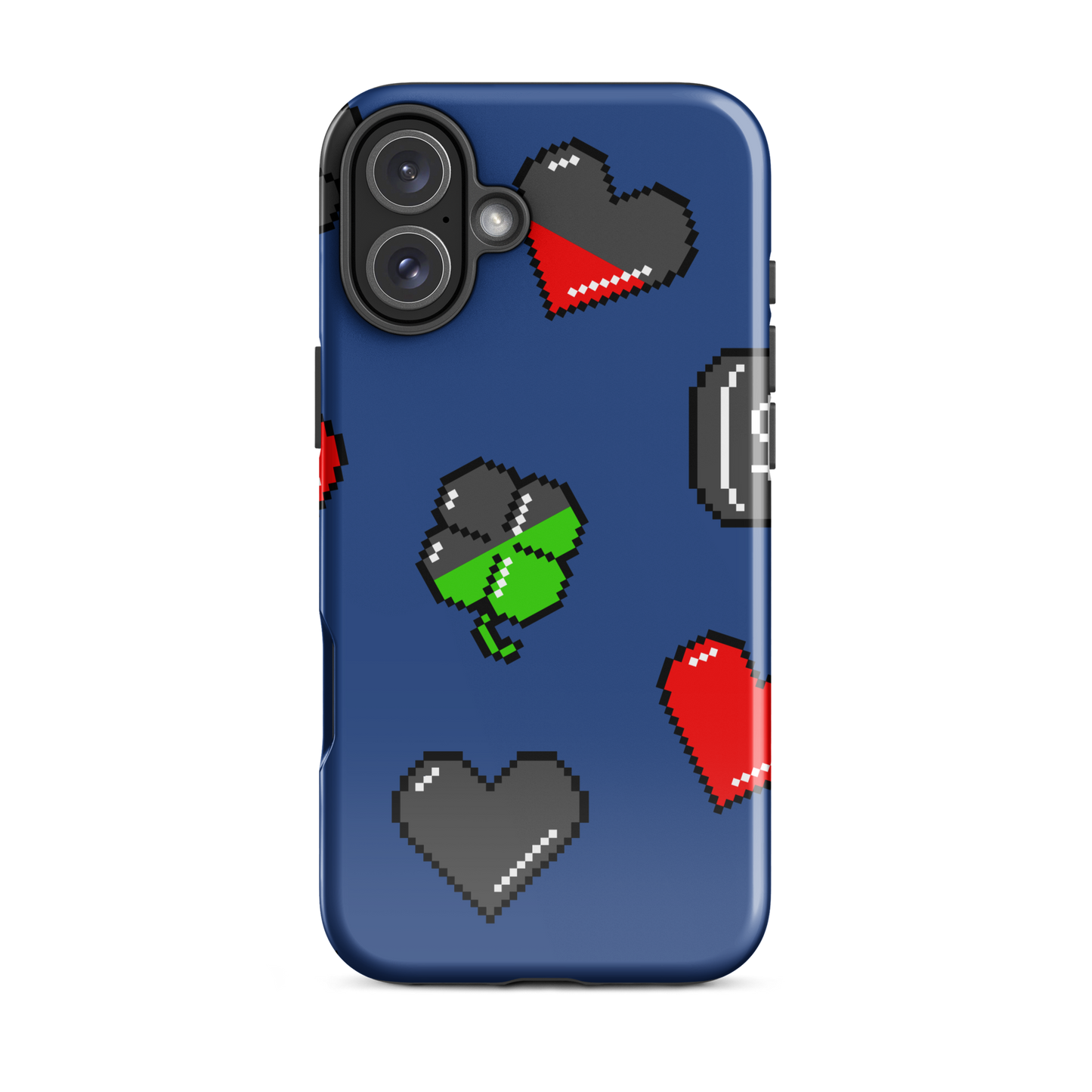 A repeating pattern made of 8-bit video game icons like hearts, four-leaf clovers, and coins. A nostalgic pixel art design inspired by classic games and retro digital culture.