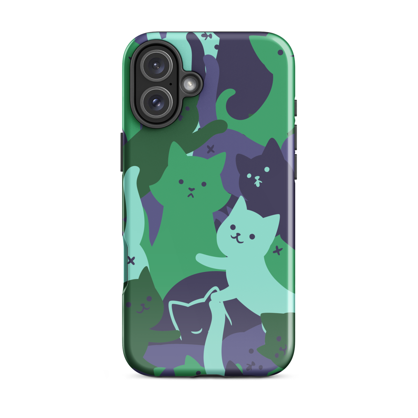 A playful pattern featuring multiple kittens in shades of green and blue, arranged to create a soft camouflage effect. This design blends cute cats with a modern pattern aesthetic, perfect for fans of fun, stylish, and whimsical art.