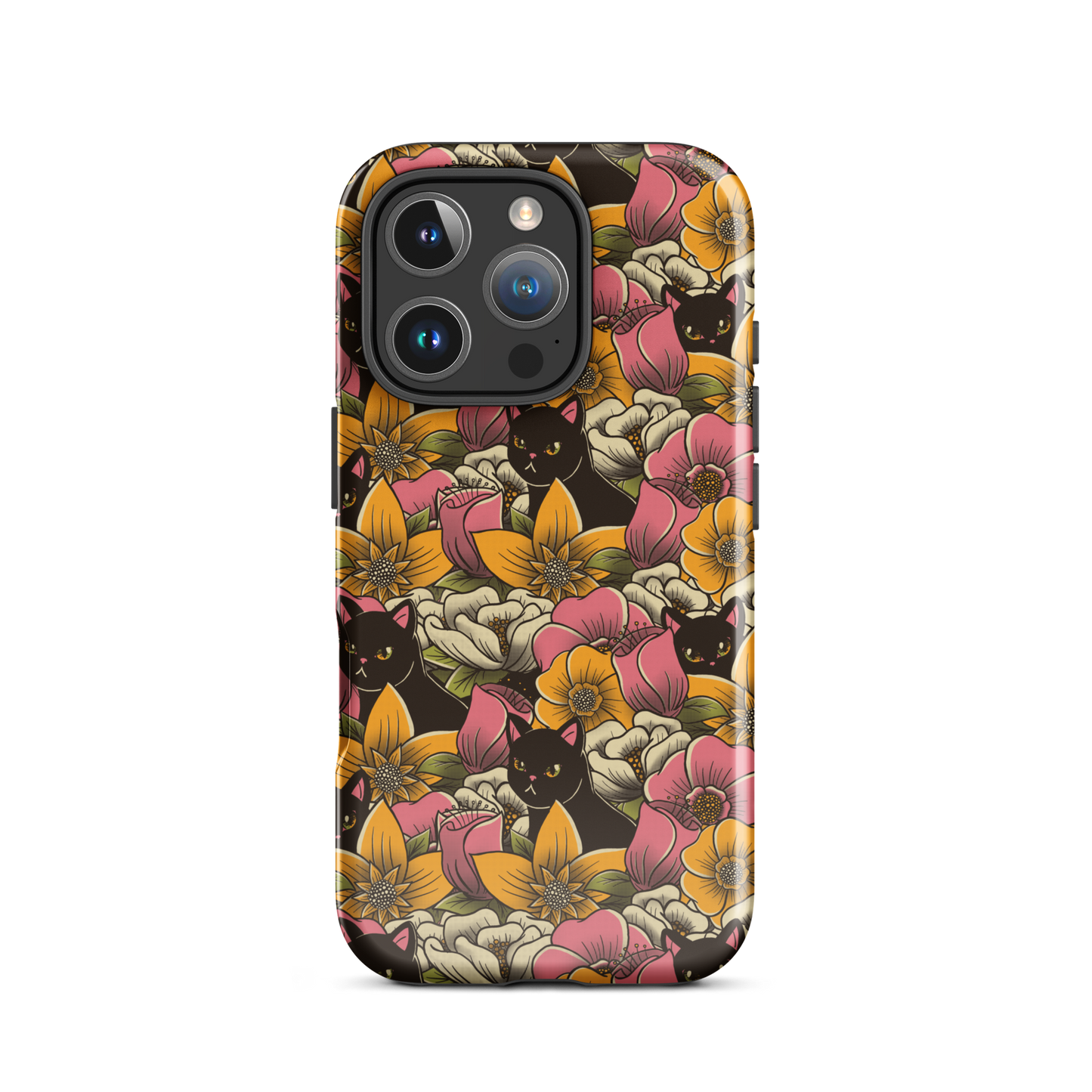 The image features a repeating pattern of colorful flowers in pink, yellow, and cream hues with lush green foliage. Interspersed among the flowers are playful black cats with bright eyes. The design has a whimsical and vibrant feel, ideal for various products like t-shirts, stickers, coffee cups, and skateboards. The style is reminiscent of traditional floral art blended with playful elements of animal decor.
