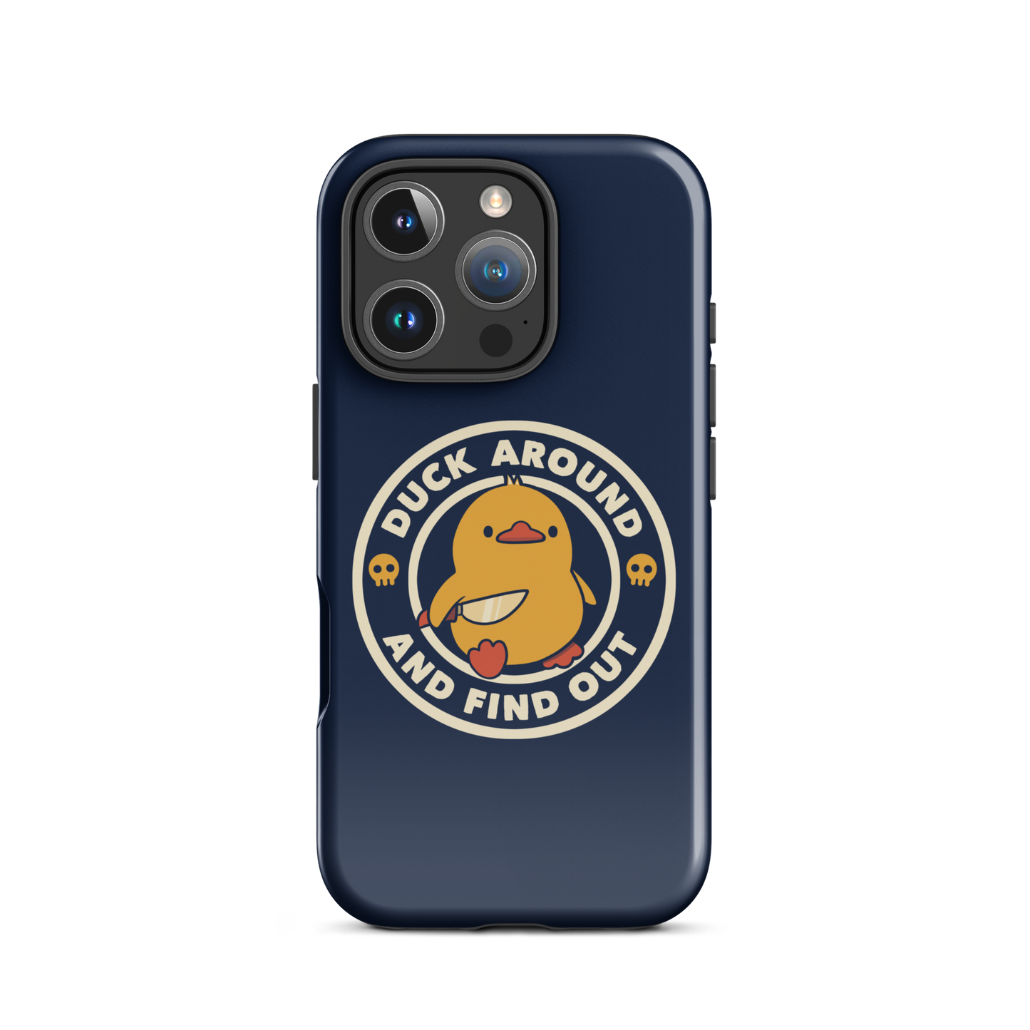 A cute yellow duck holding a small knife, around it the text "Duck Around And Find Out". An art that mixes humor with the temperament of ducks.